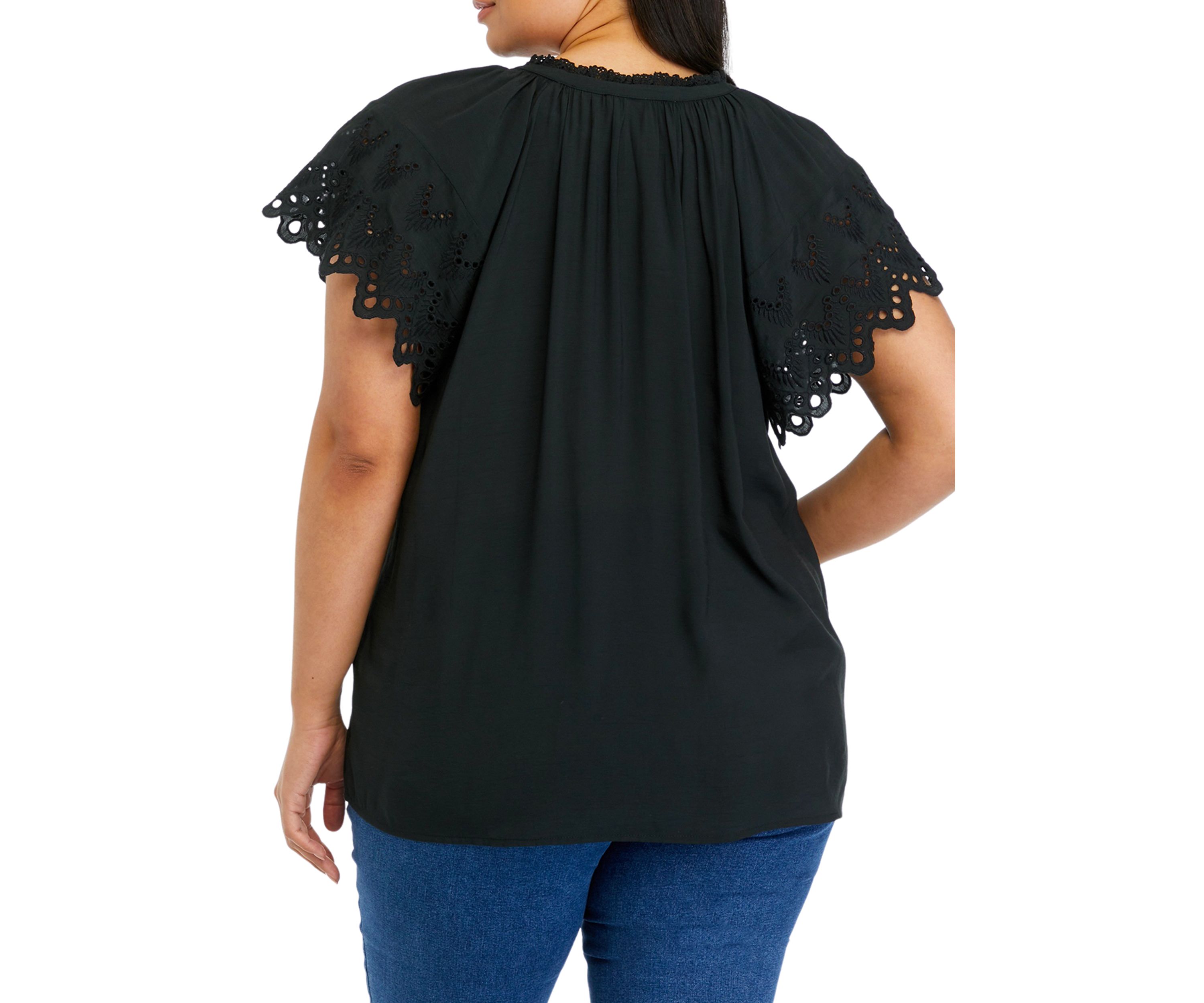 Plus Size Short Embroidered Sleeve Split Tie-Neck Top with Crochet Neck Detail 