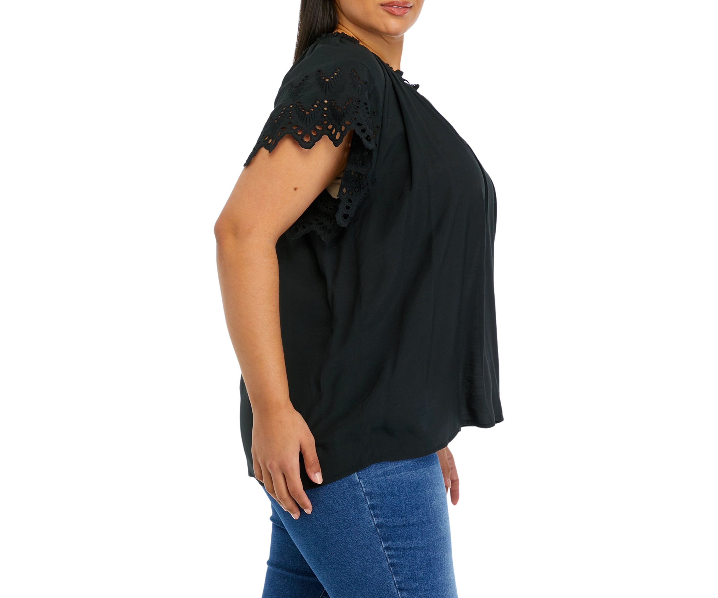 Plus Size Short Embroidered Sleeve Split Tie-Neck Top with Crochet Neck Detail 