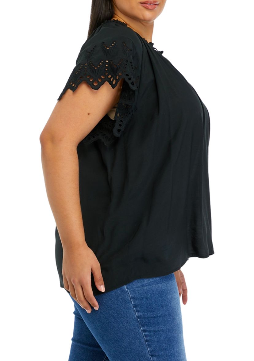 Plus Size Short Embroidered Sleeve Split Tie-Neck Top with Crochet Neck Detail 