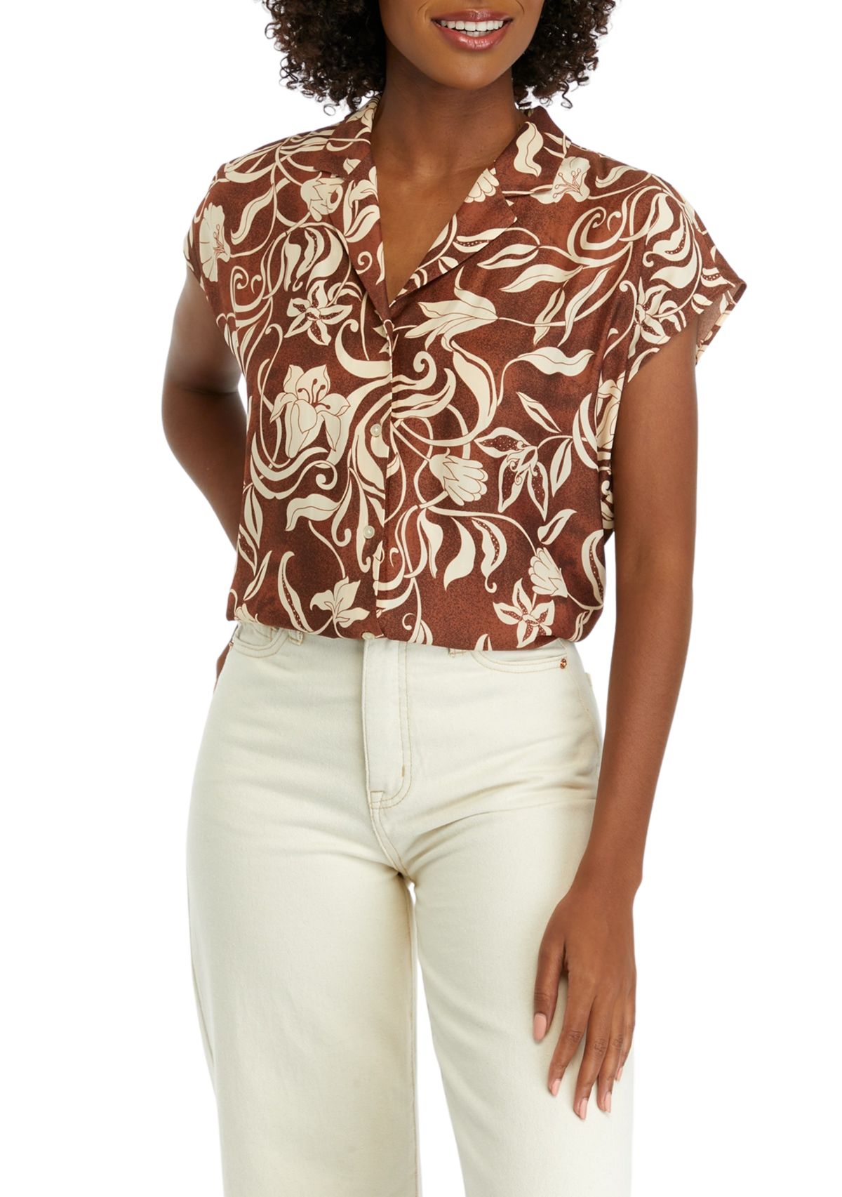 Womens Short Sleeve Printed Camp Shirt