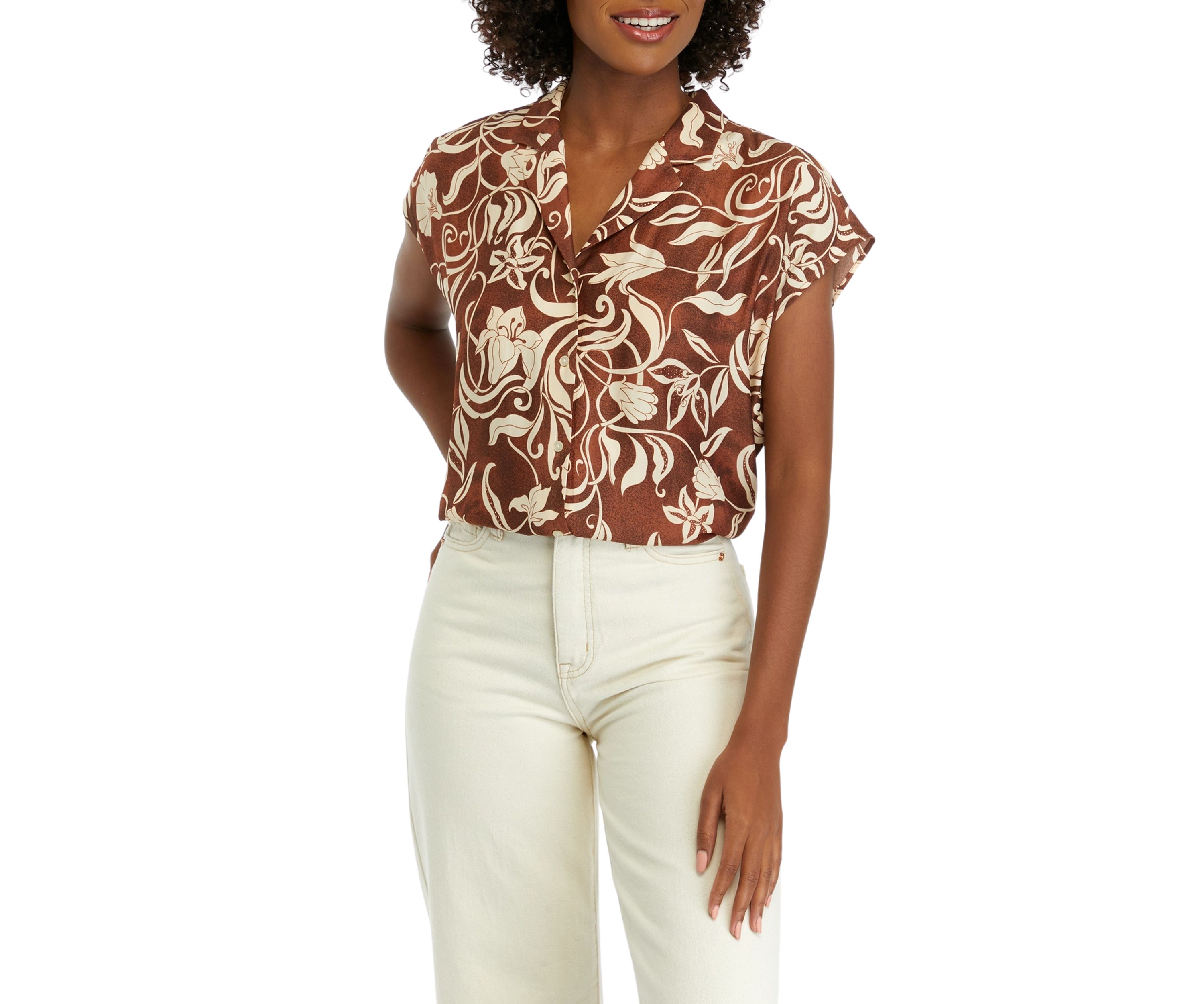 Womens Short Sleeve Printed Camp Shirt