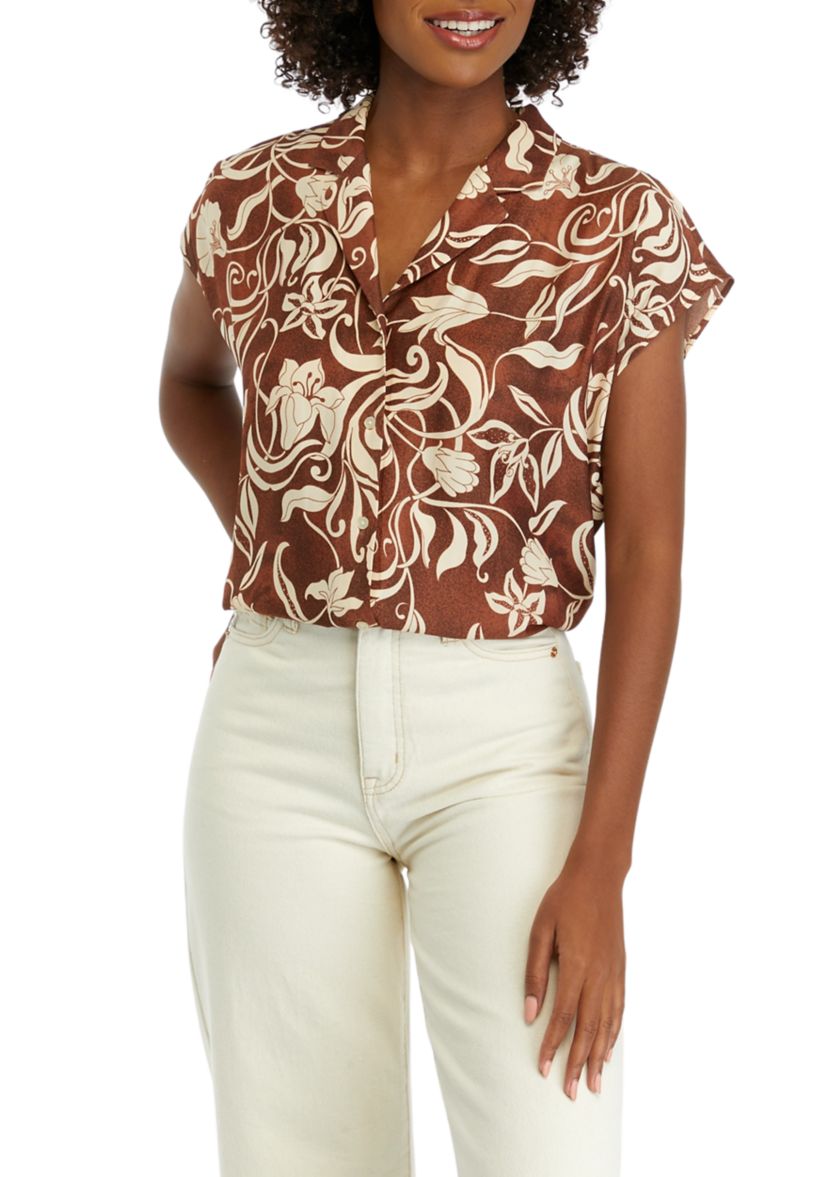 Womens Short Sleeve Printed Camp Shirt