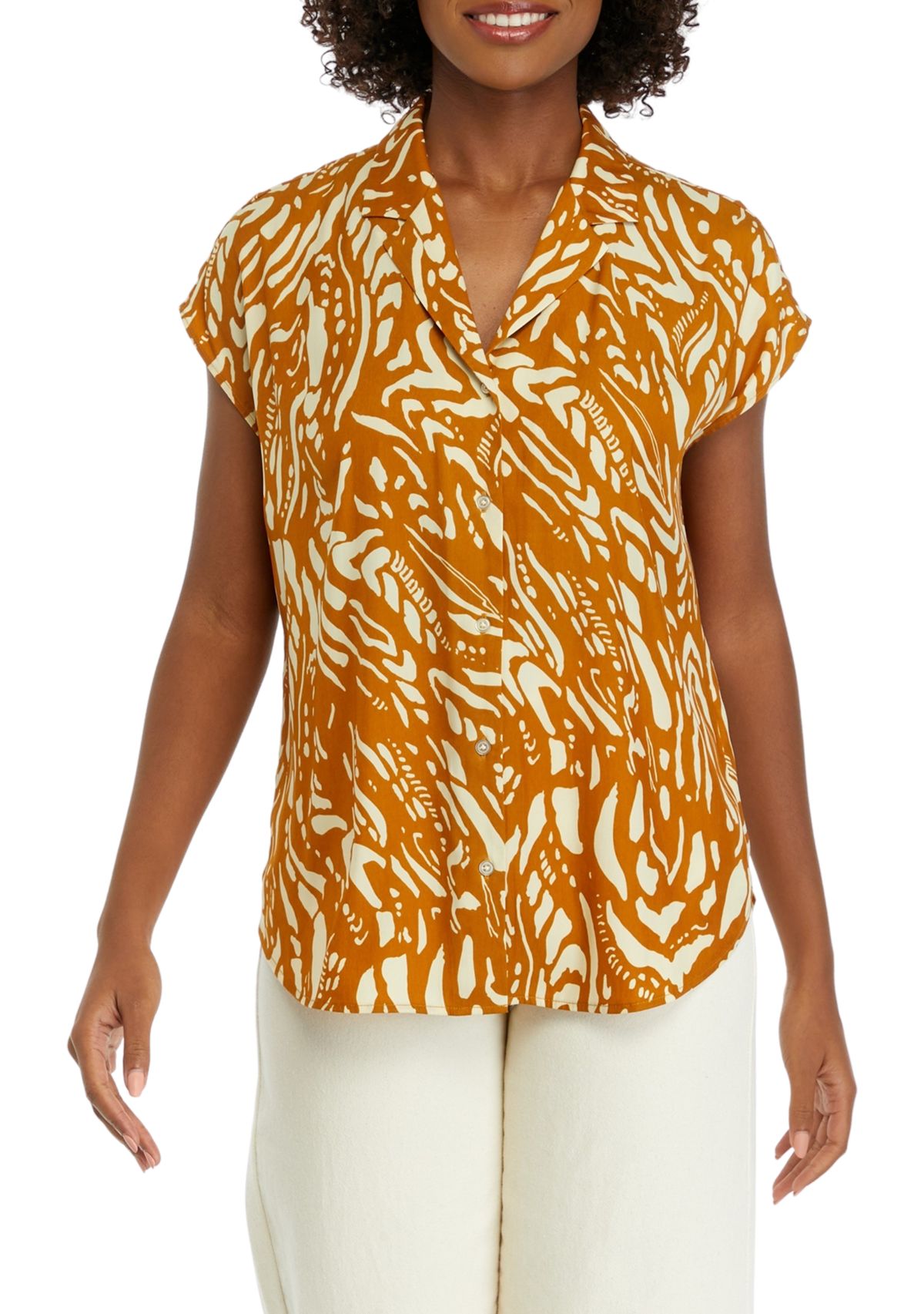 Womens Short Sleeve Printed Camp Shirt