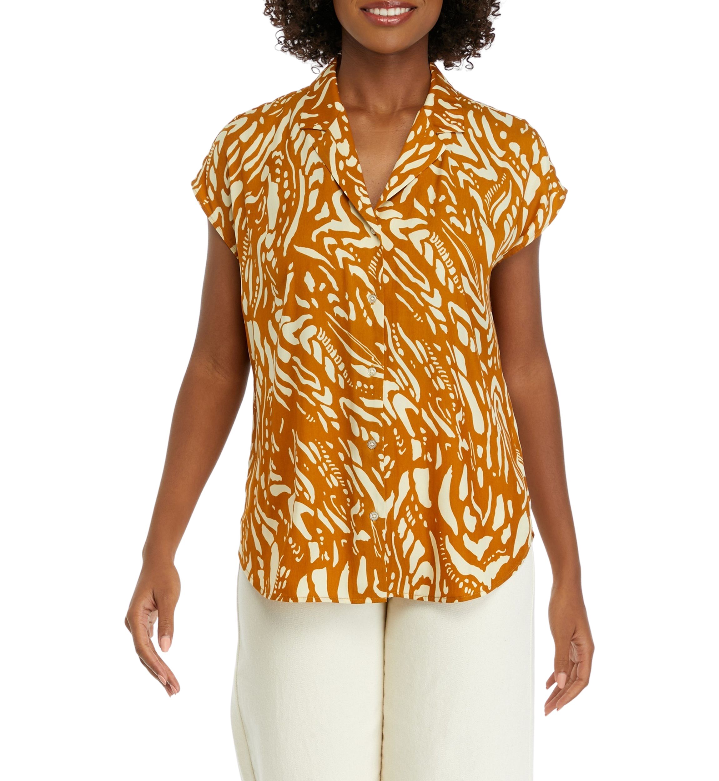 Womens Short Sleeve Printed Camp Shirt