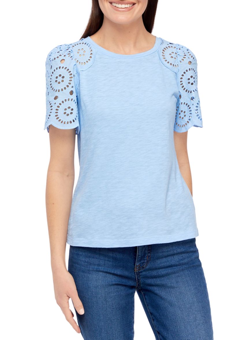 Petite Short Sleeve Eyelet Top