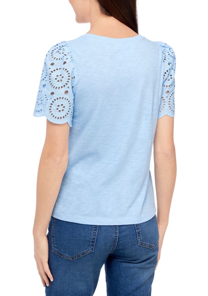 Petite Short Sleeve Eyelet Top