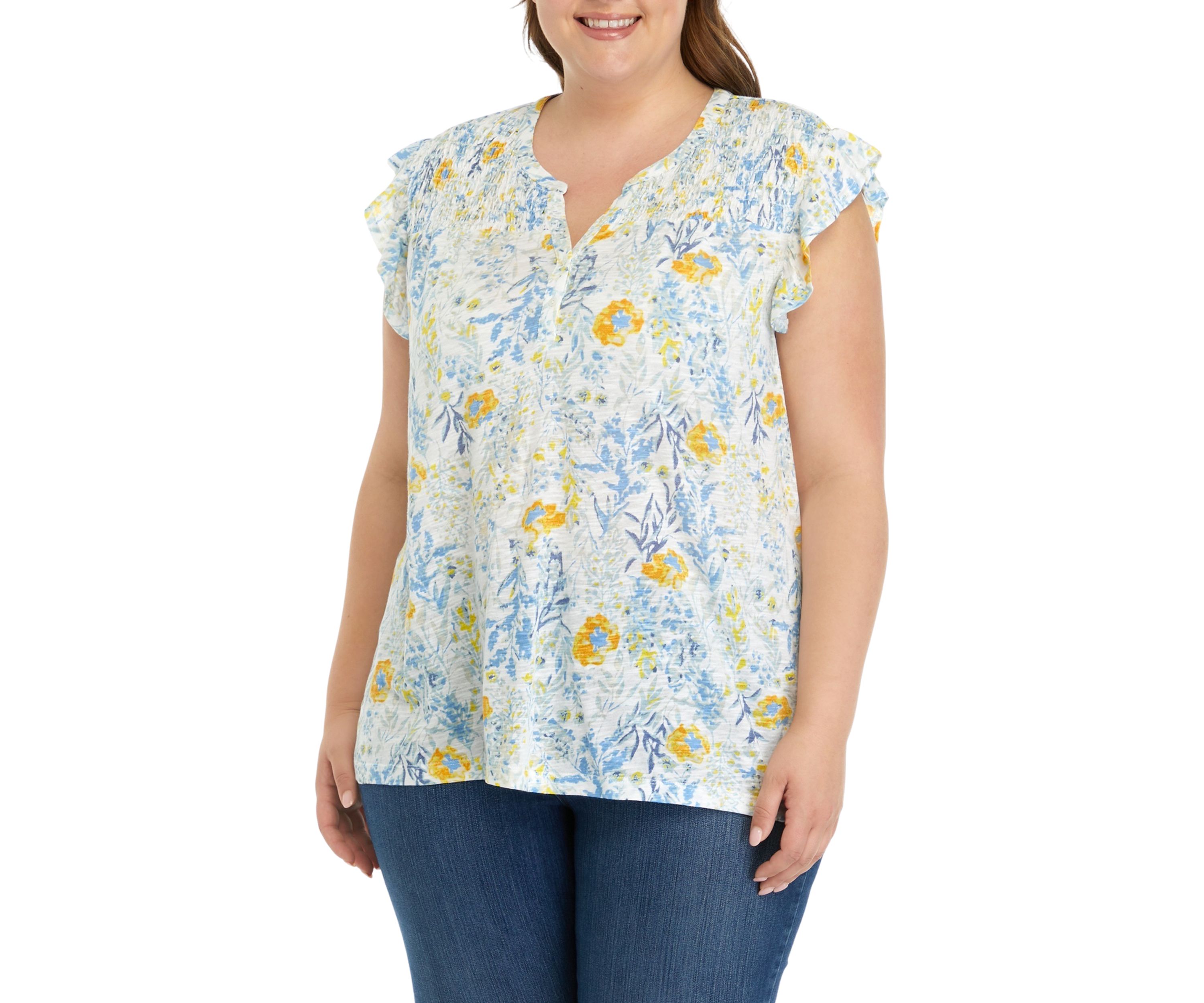 Womens Short Ruffle Sleeve Button Front Top