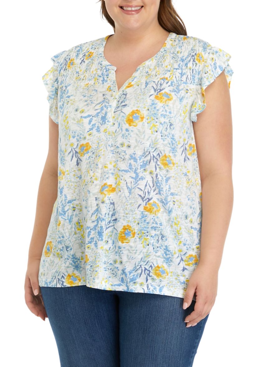 Womens Short Ruffle Sleeve Button Front Top