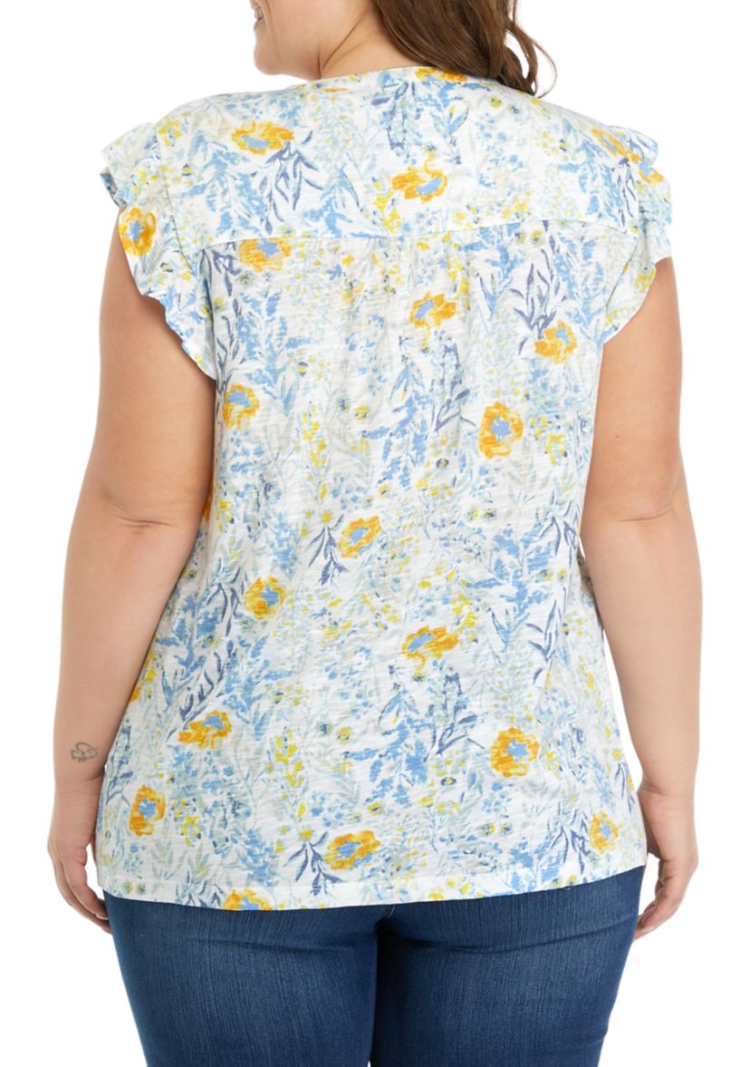 Womens Short Ruffle Sleeve Button Front Top