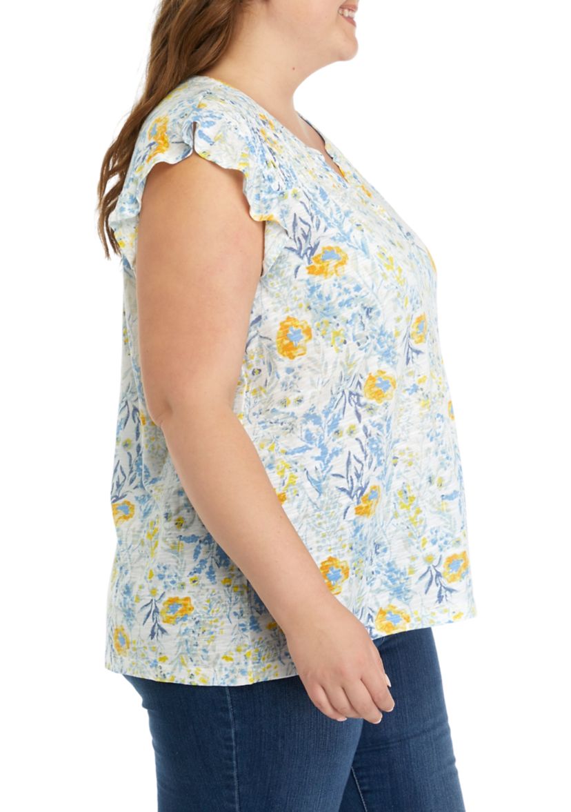Womens Short Ruffle Sleeve Button Front Top
