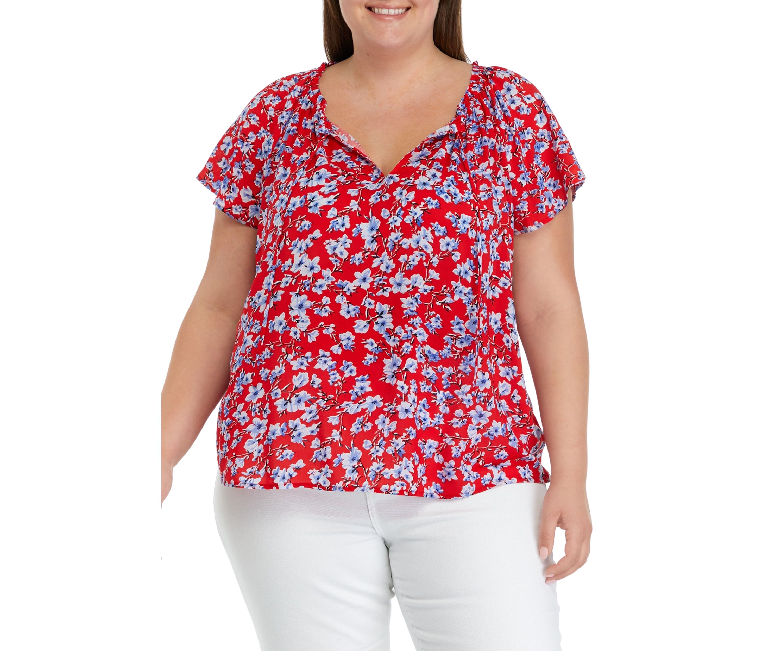 Plus Size Short Sleeve Split Neck Top