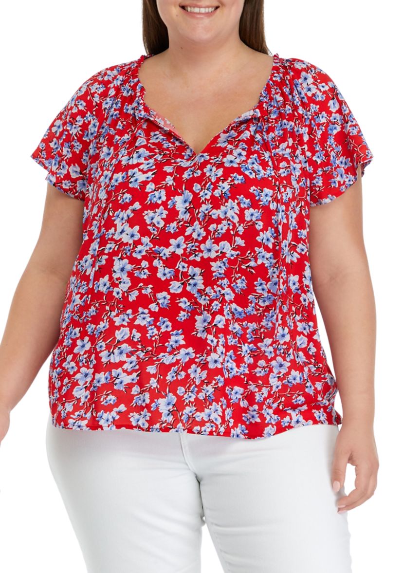 Plus Size Short Sleeve Split Neck Top