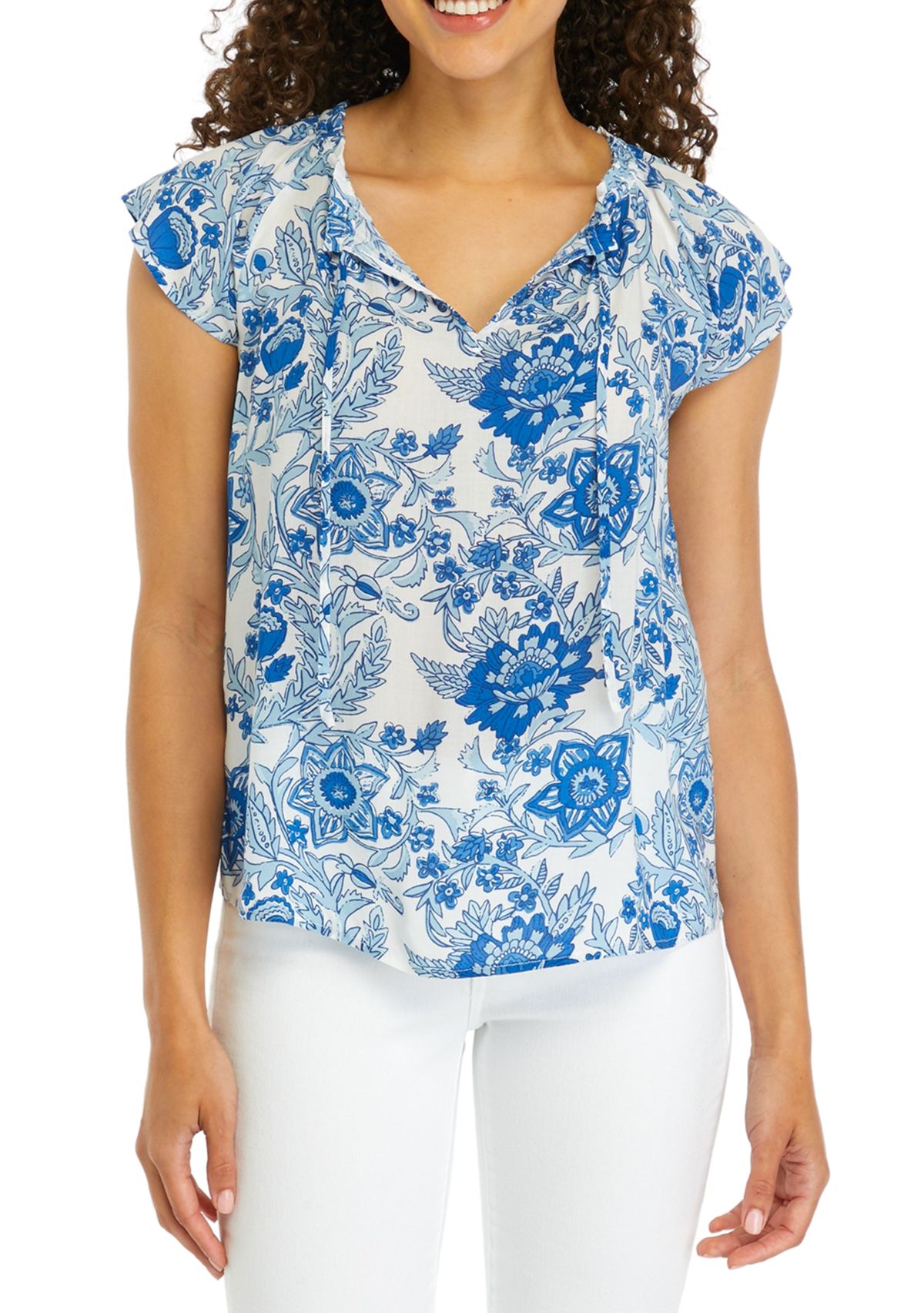 Petite Short Sleeve Split Neck Top