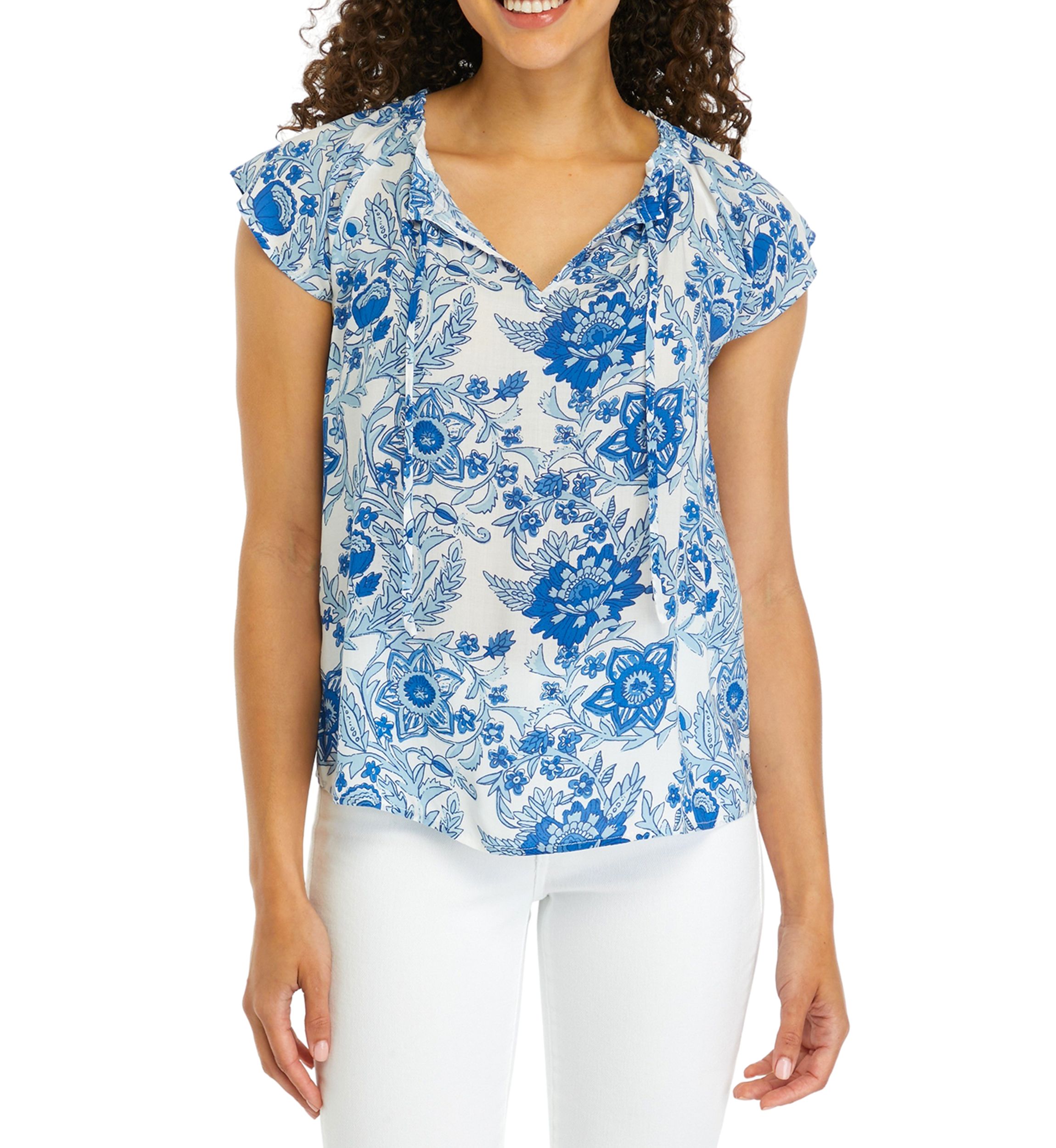 Petite Short Sleeve Split Neck Top