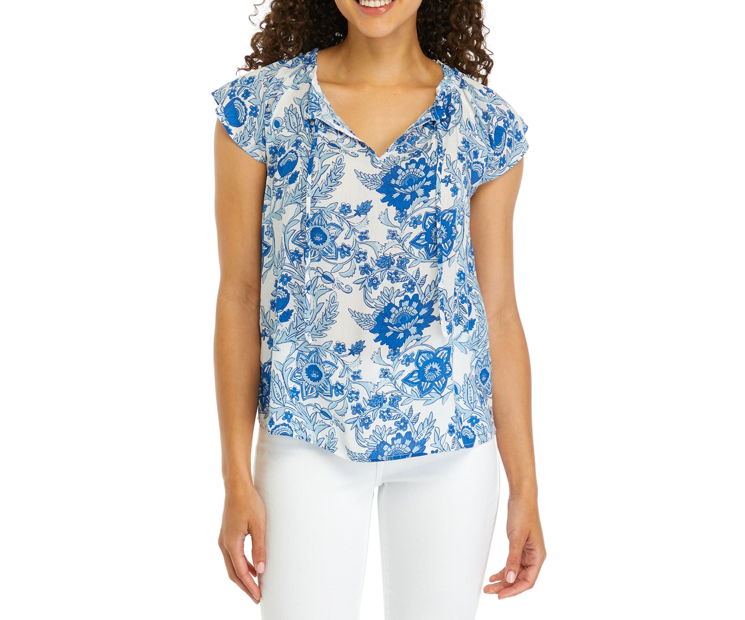 Petite Short Sleeve Split Neck Top