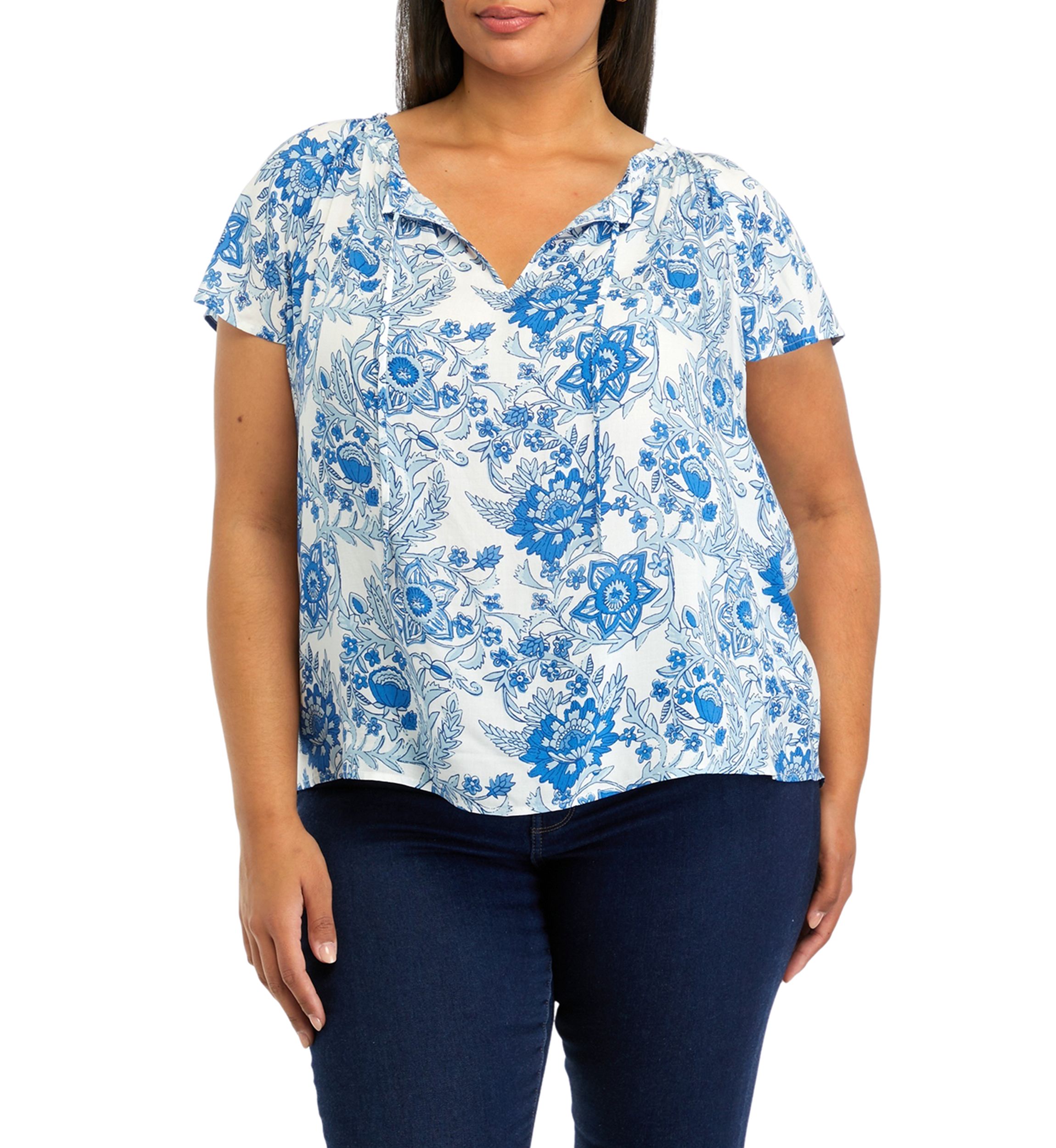 Plus Size Short Flutter Sleeve Split Neck Top