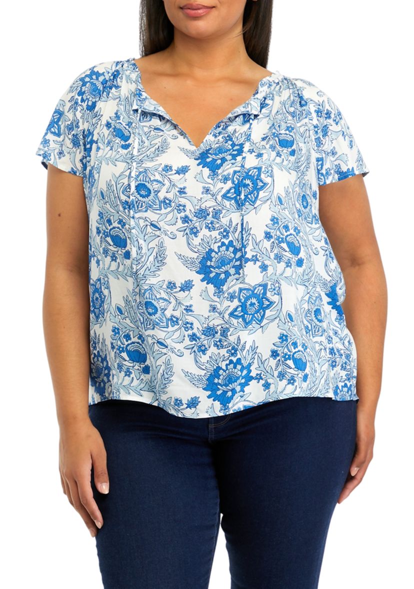 Plus Size Short Flutter Sleeve Split Neck Top