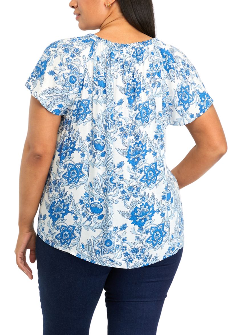 Plus Size Short Flutter Sleeve Split Neck Top