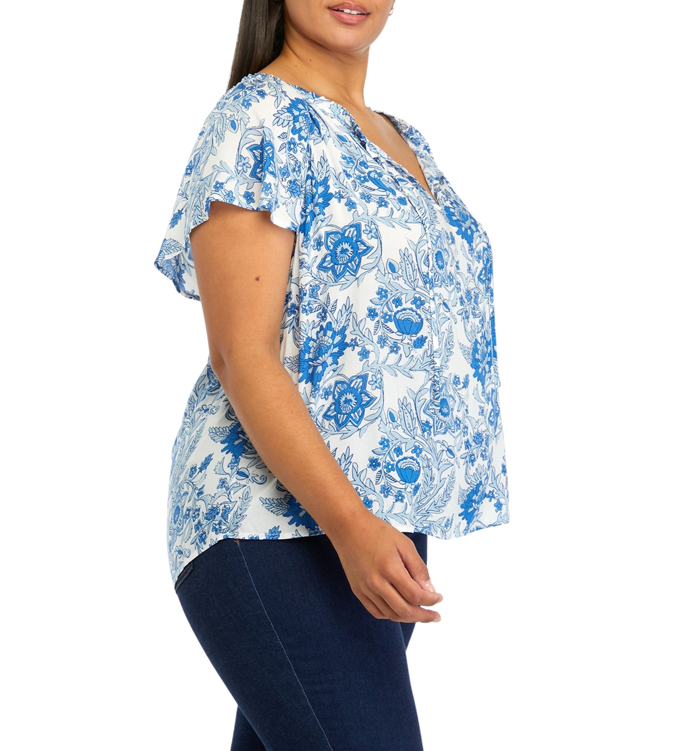 Plus Size Short Flutter Sleeve Split Neck Top