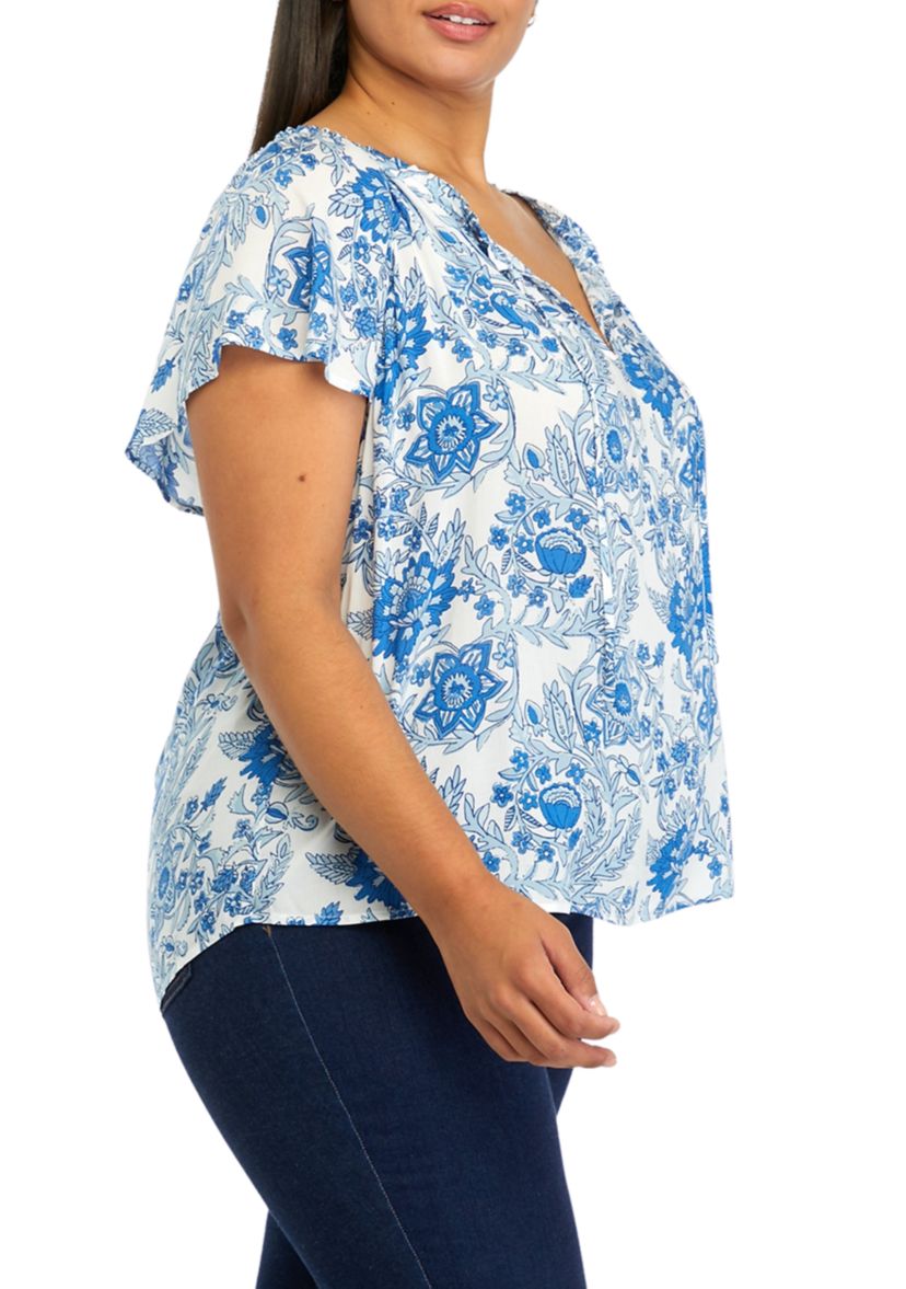 Plus Size Short Flutter Sleeve Split Neck Top