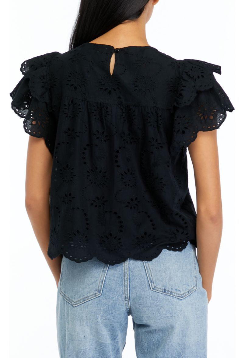 Petite Double Layer Ruffle Sleeve Lined Lace Blouse