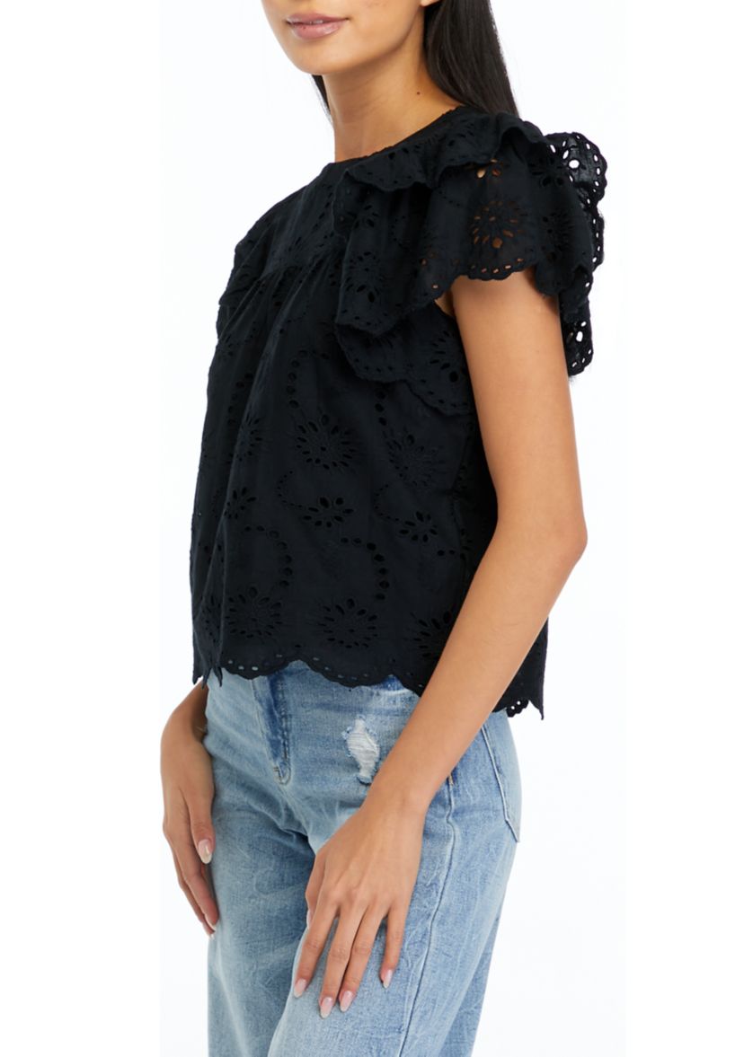 Petite Double Layer Ruffle Sleeve Lined Lace Blouse