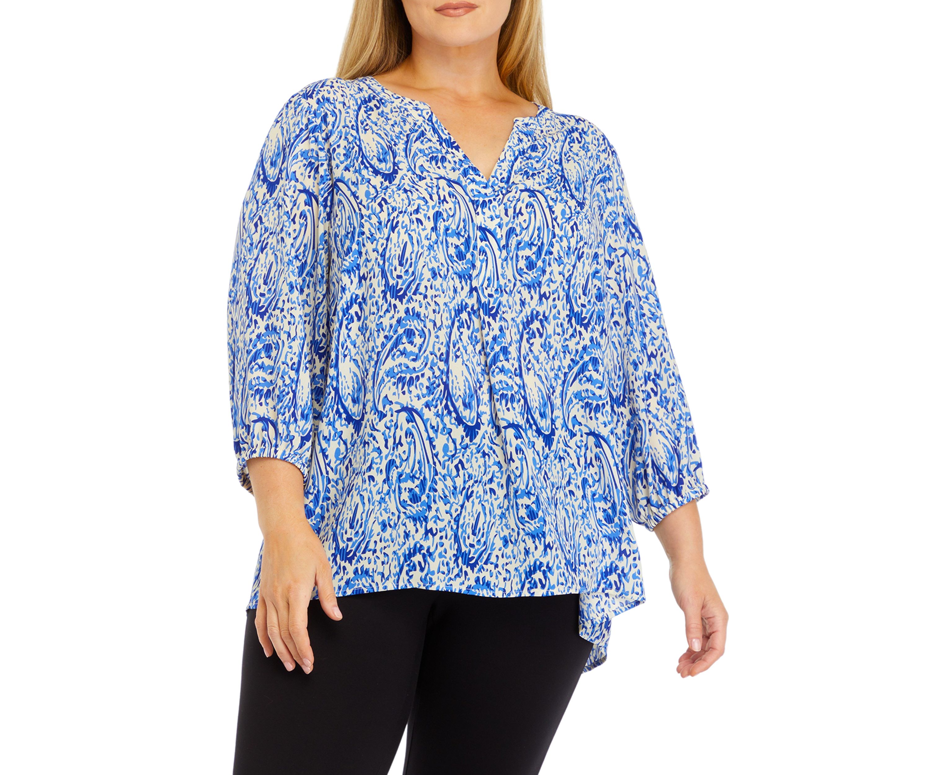 Womens 3/4 Sleeve Split Neck Printed Top