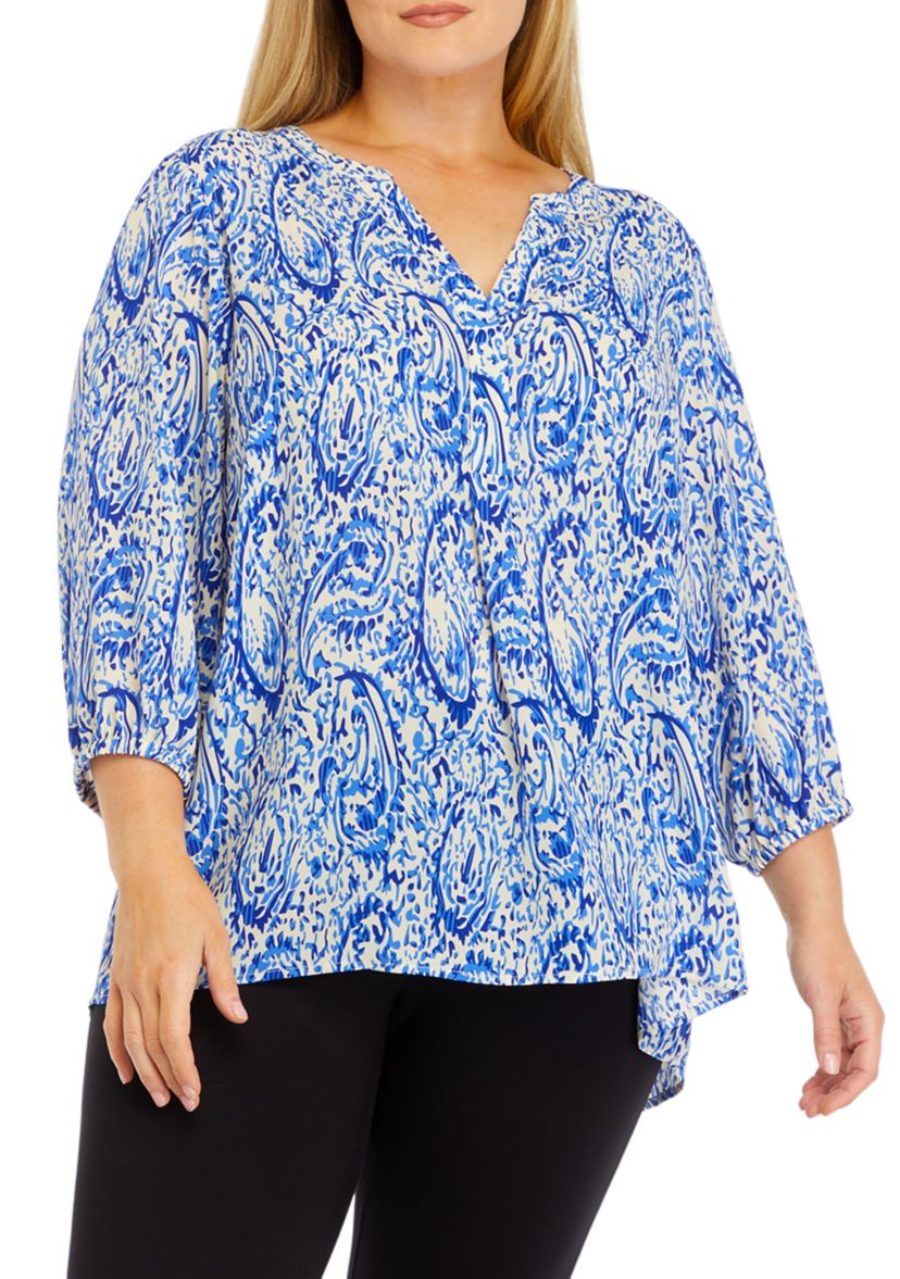 Womens 3/4 Sleeve Split Neck Printed Top