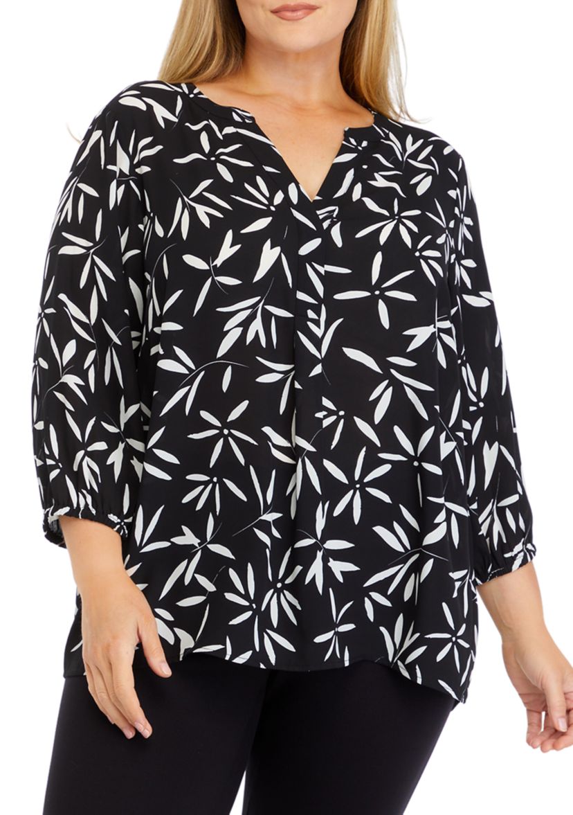 Womens 3/4 Sleeve Split Neck Printed Top 