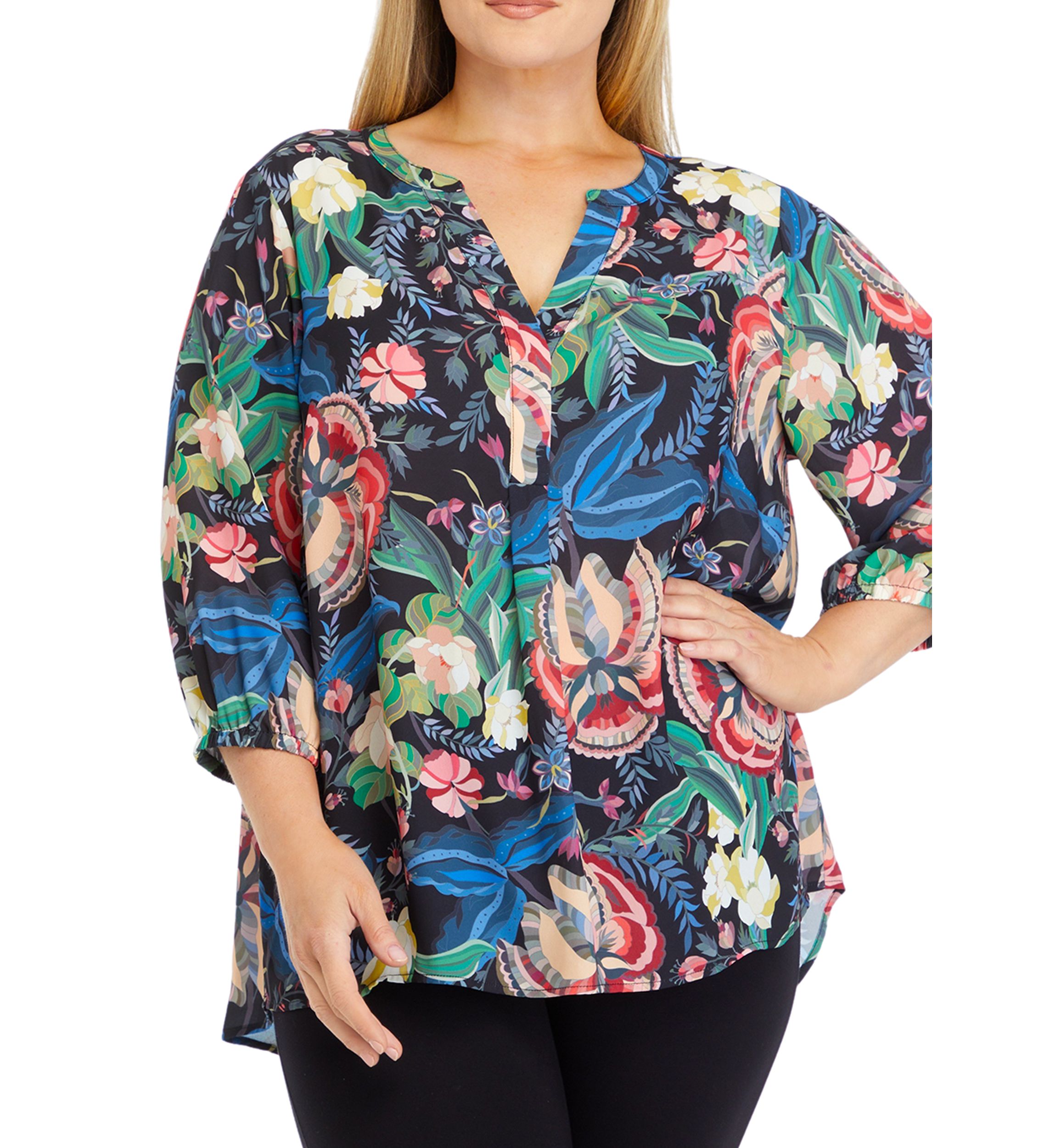 Plus Size 3/4 Sleeve Split Neck Printed Top 