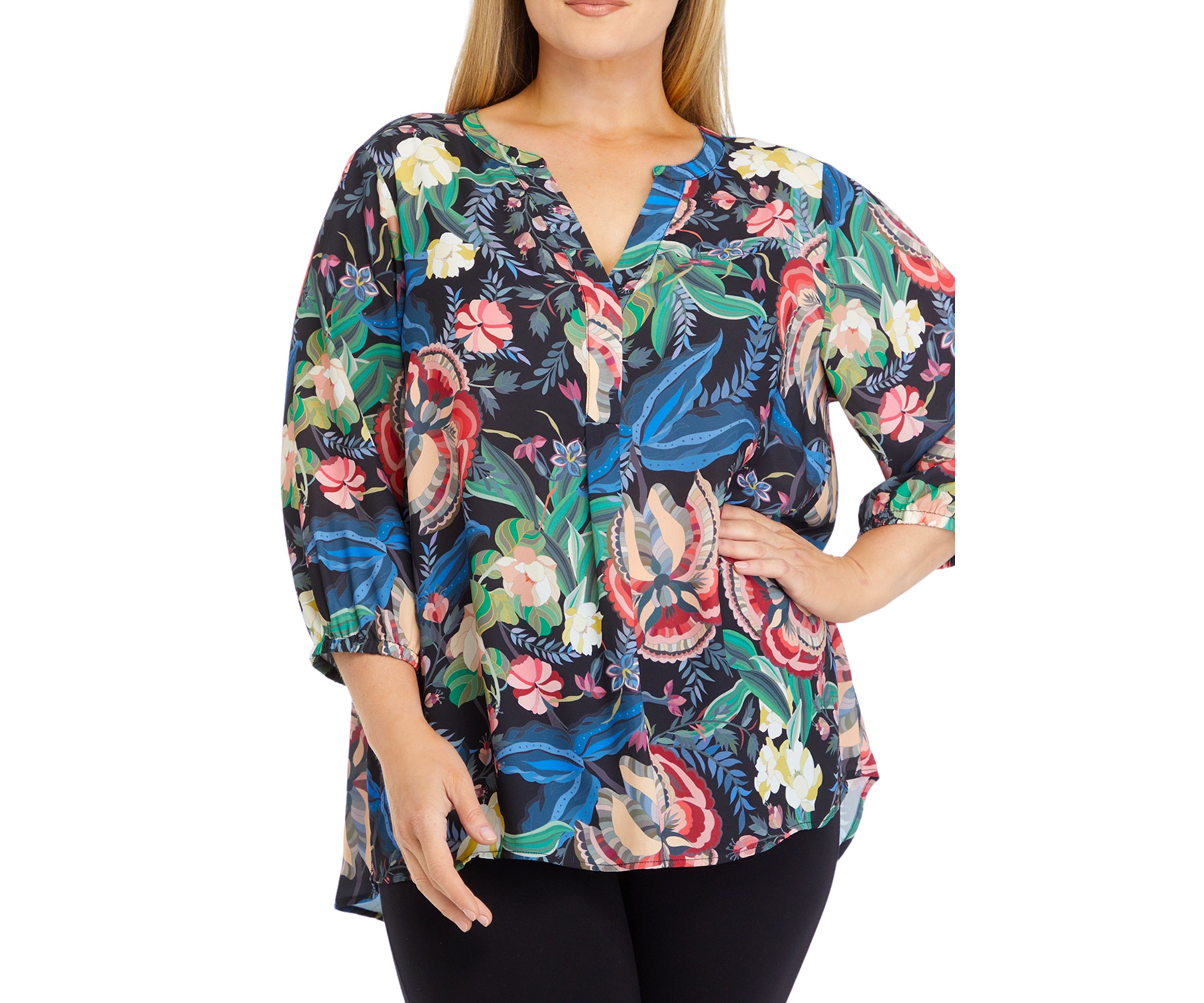 Plus Size 3/4 Sleeve Split Neck Printed Top 