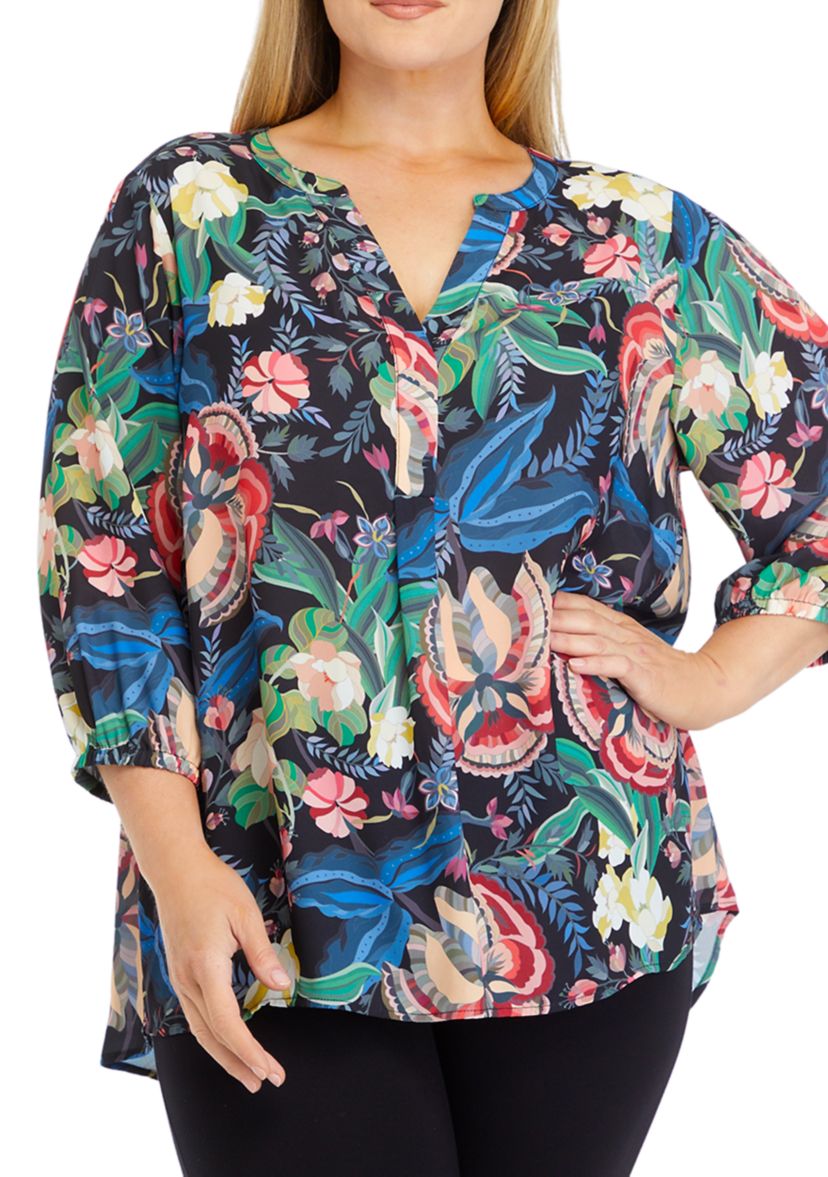Plus Size 3/4 Sleeve Split Neck Printed Top 