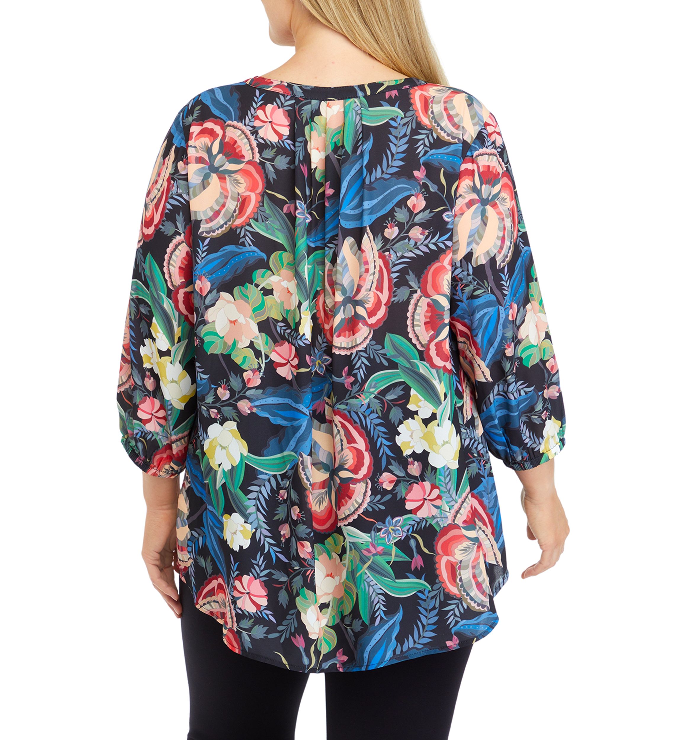 Plus Size 3/4 Sleeve Split Neck Printed Top 