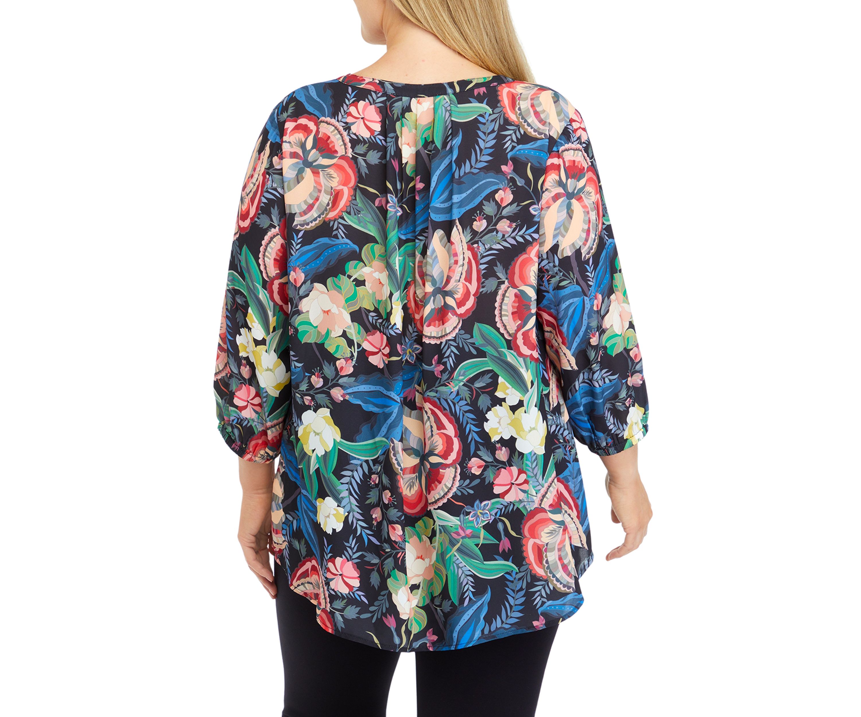 Plus Size 3/4 Sleeve Split Neck Printed Top 