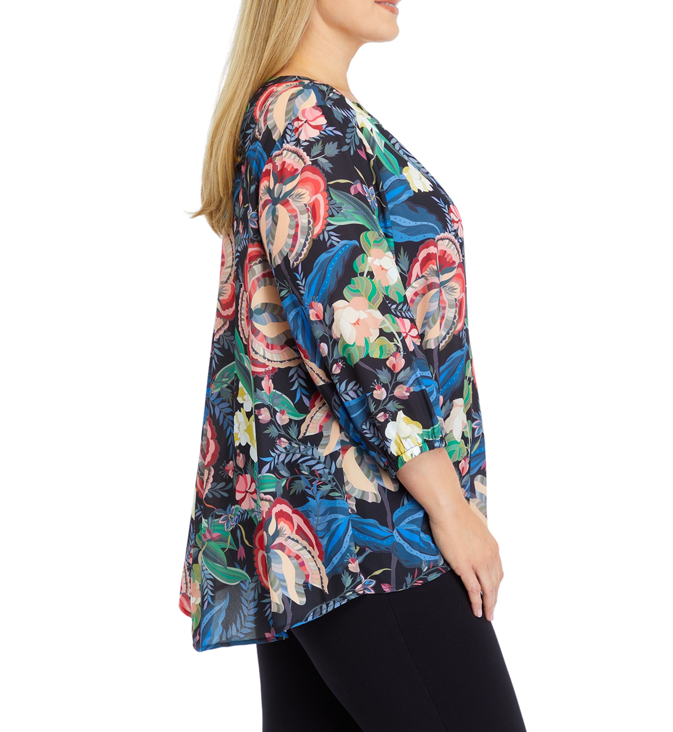Plus Size 3/4 Sleeve Split Neck Printed Top 