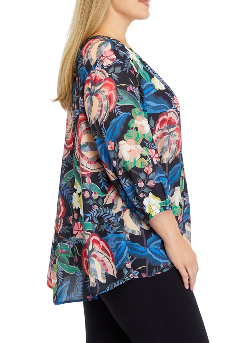 Plus Size 3/4 Sleeve Split Neck Printed Top 