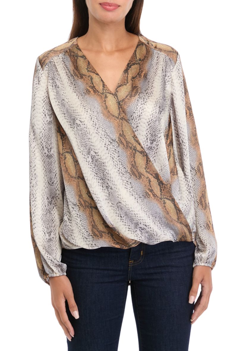 Womens Long Sleeve Snakeskin Wrap Blouse