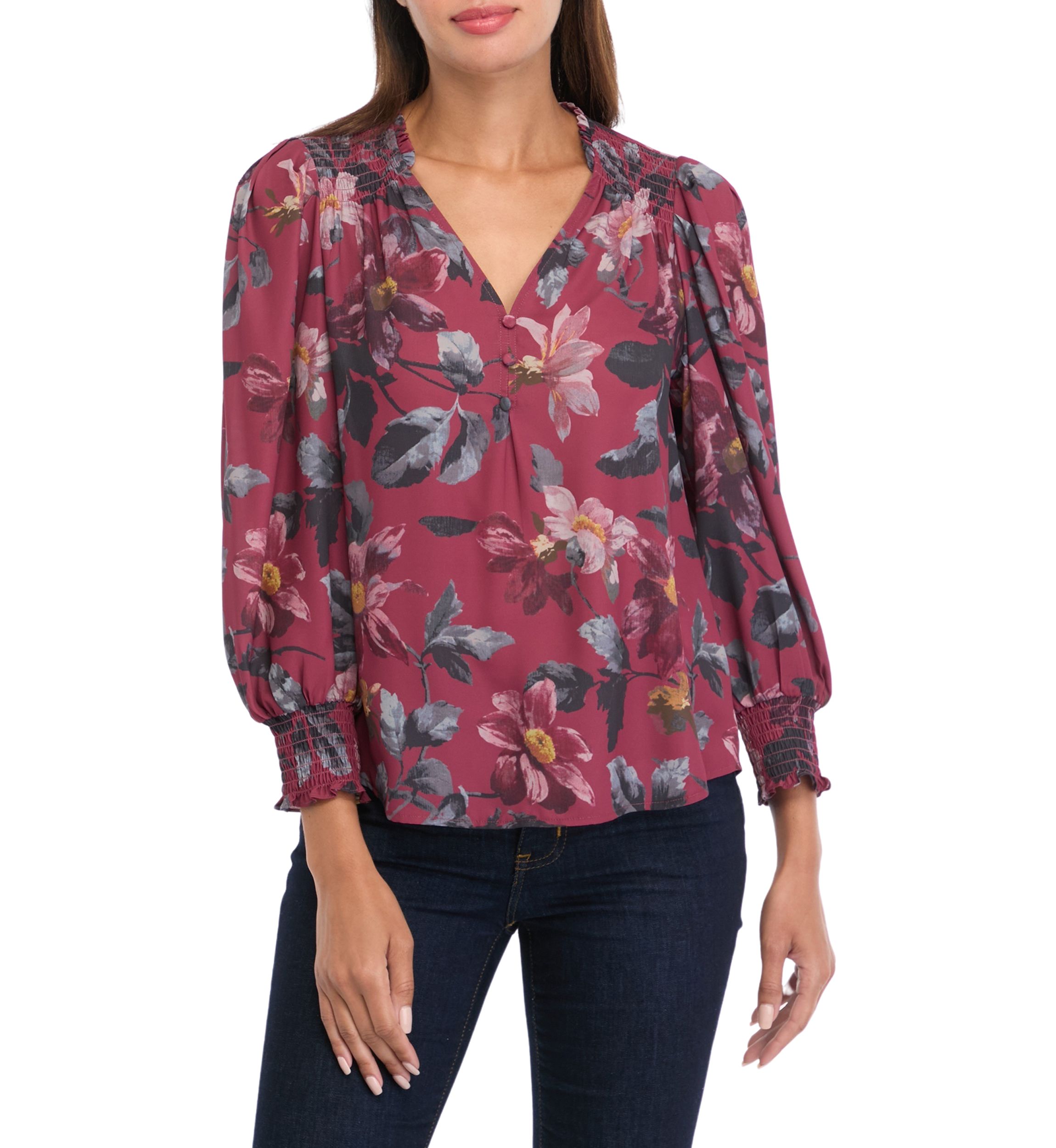 Womens Blouson Sleeve Floral Top 