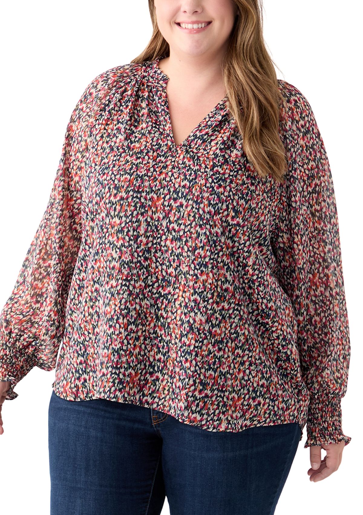 Plus Size Long Sleeve Scoop Neck Metallic Printed Blouse 