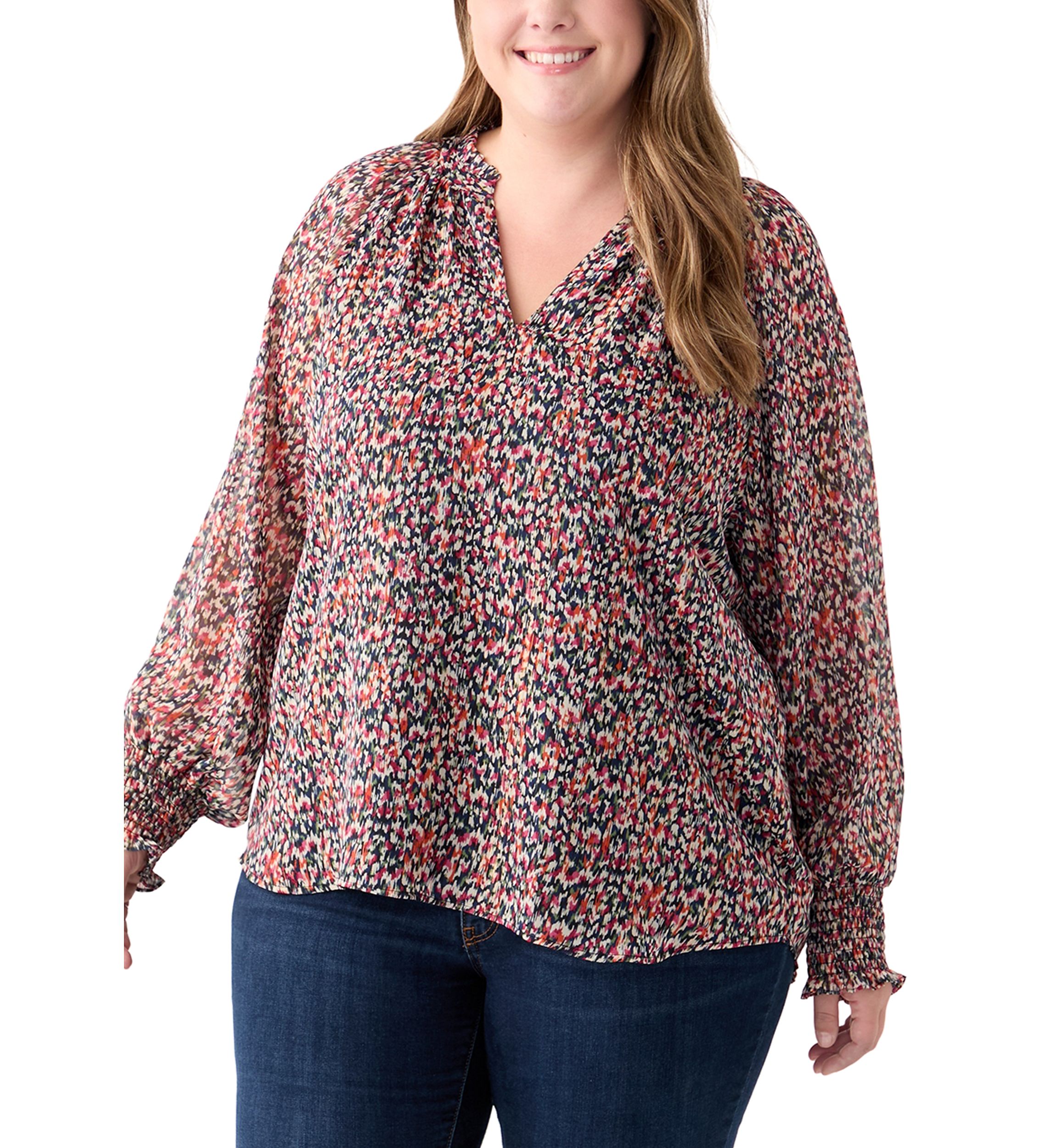 Plus Size Long Sleeve Scoop Neck Metallic Printed Blouse 