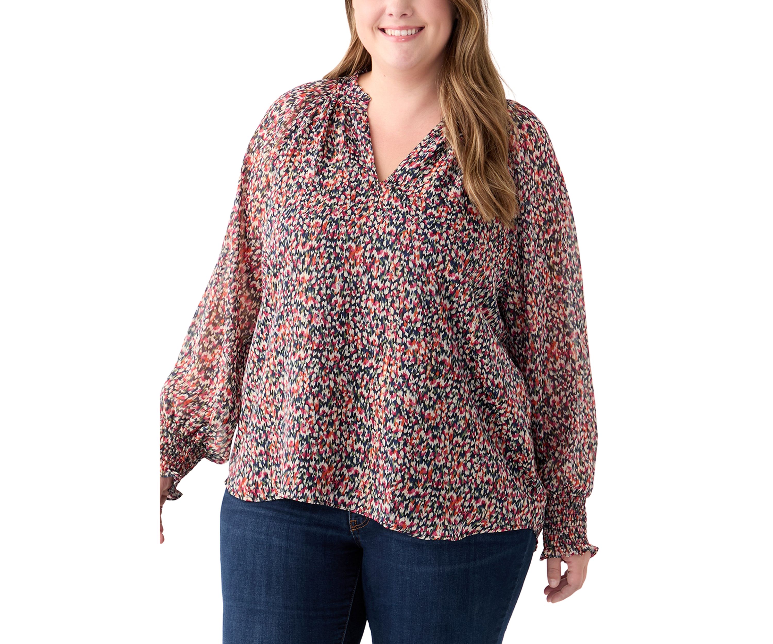 Plus Size Long Sleeve Scoop Neck Metallic Printed Blouse 