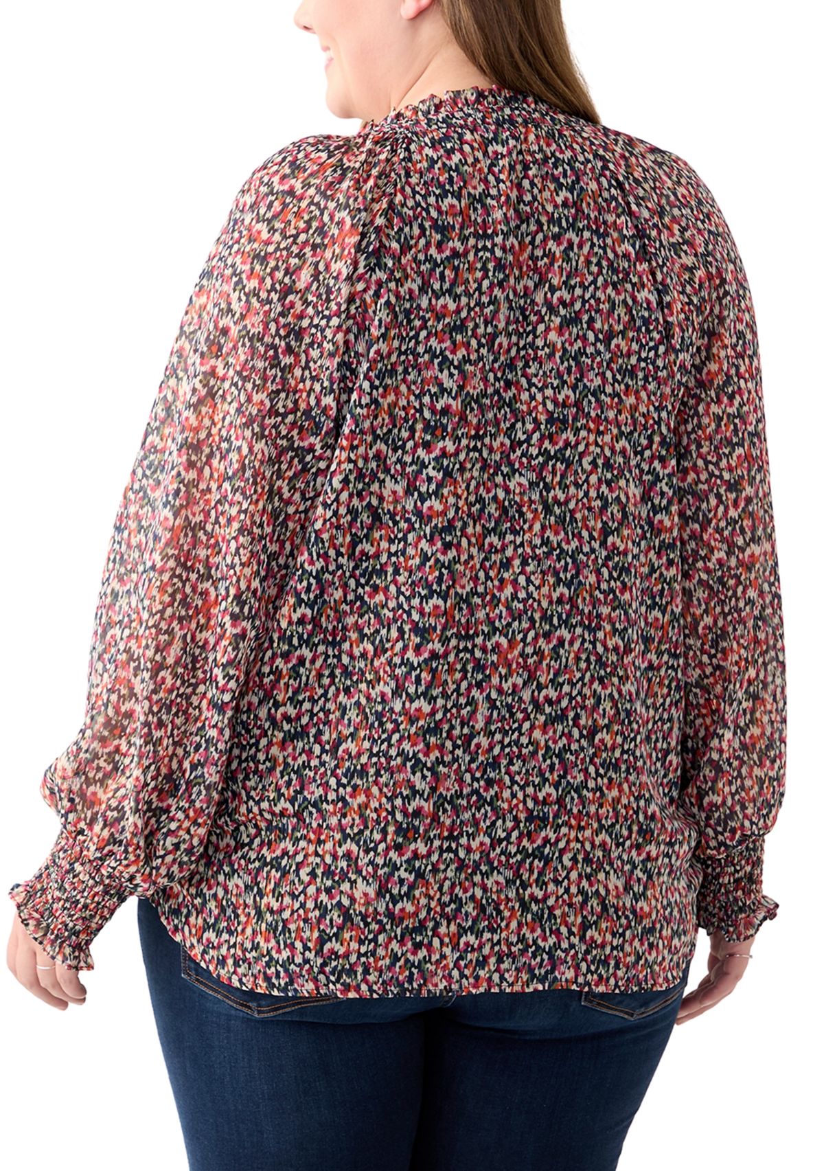 Plus Size Long Sleeve Scoop Neck Metallic Printed Blouse 