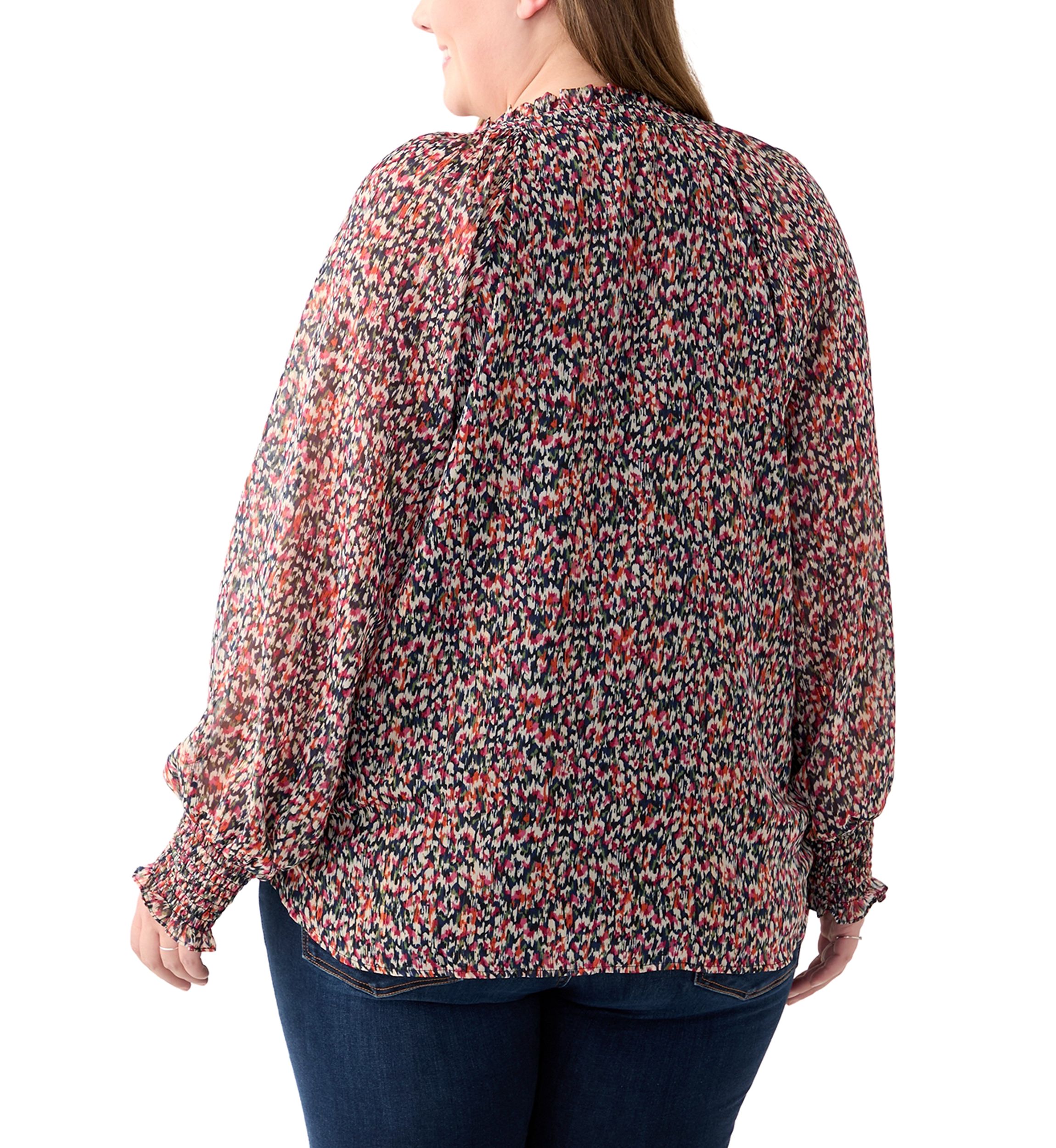 Plus Size Long Sleeve Scoop Neck Metallic Printed Blouse 