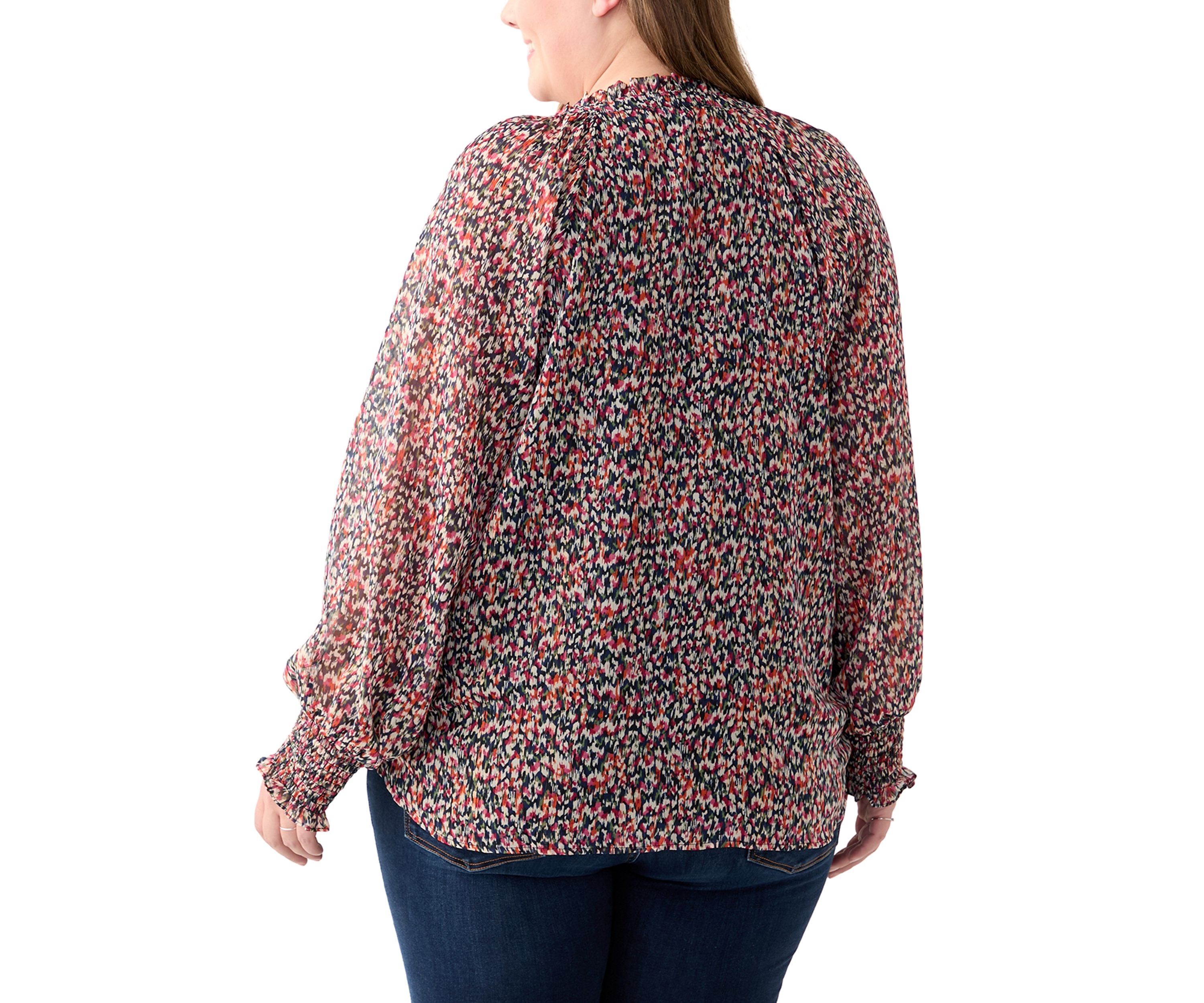 Plus Size Long Sleeve Scoop Neck Metallic Printed Blouse 