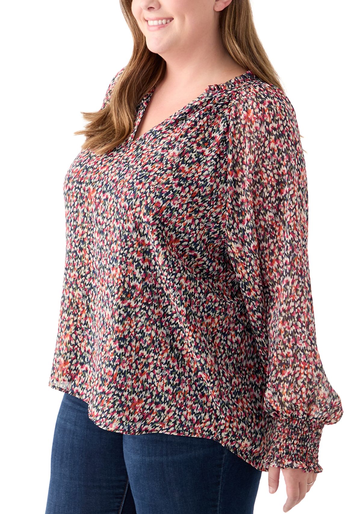 Plus Size Long Sleeve Scoop Neck Metallic Printed Blouse 