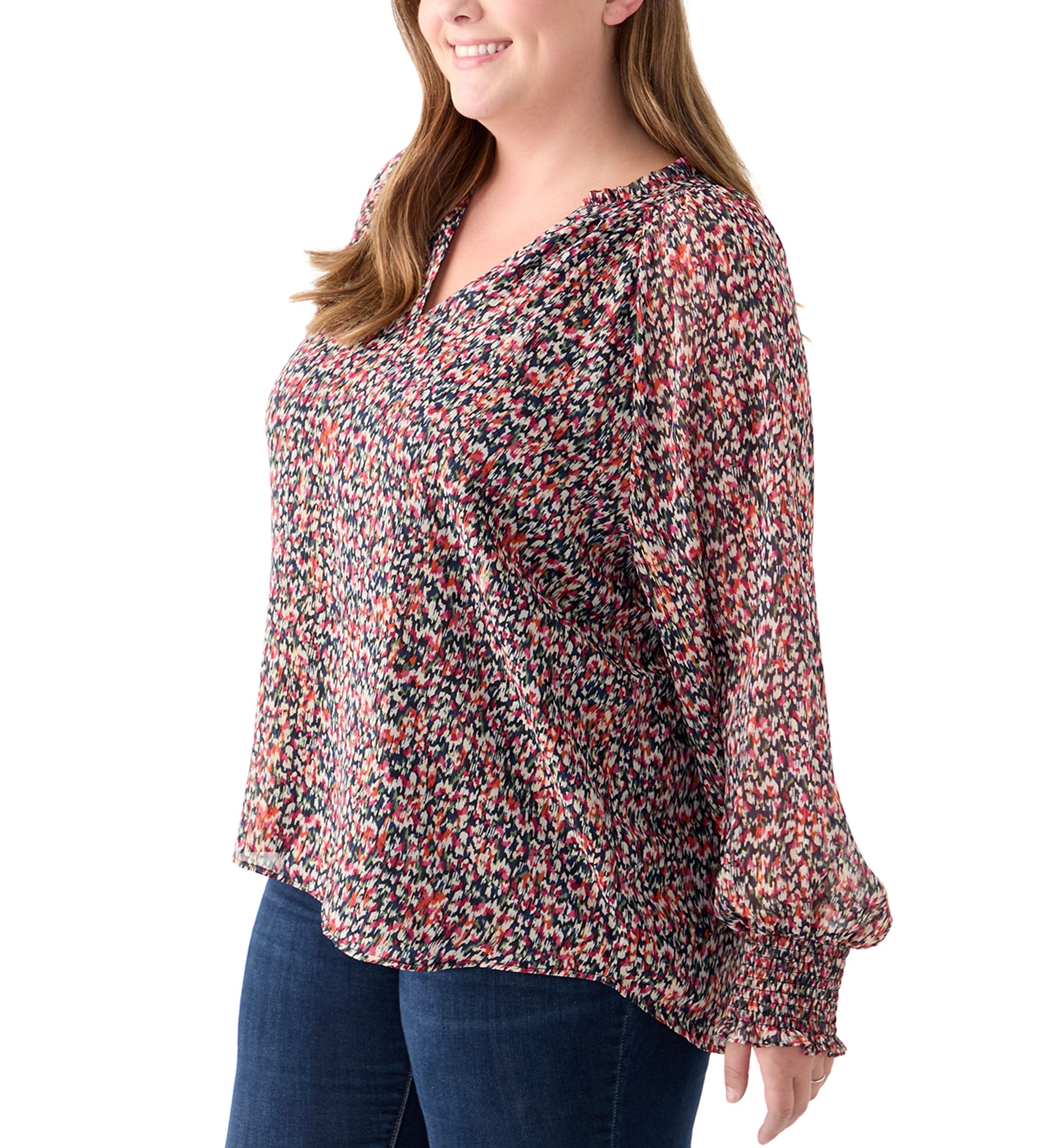 Plus Size Long Sleeve Scoop Neck Metallic Printed Blouse 