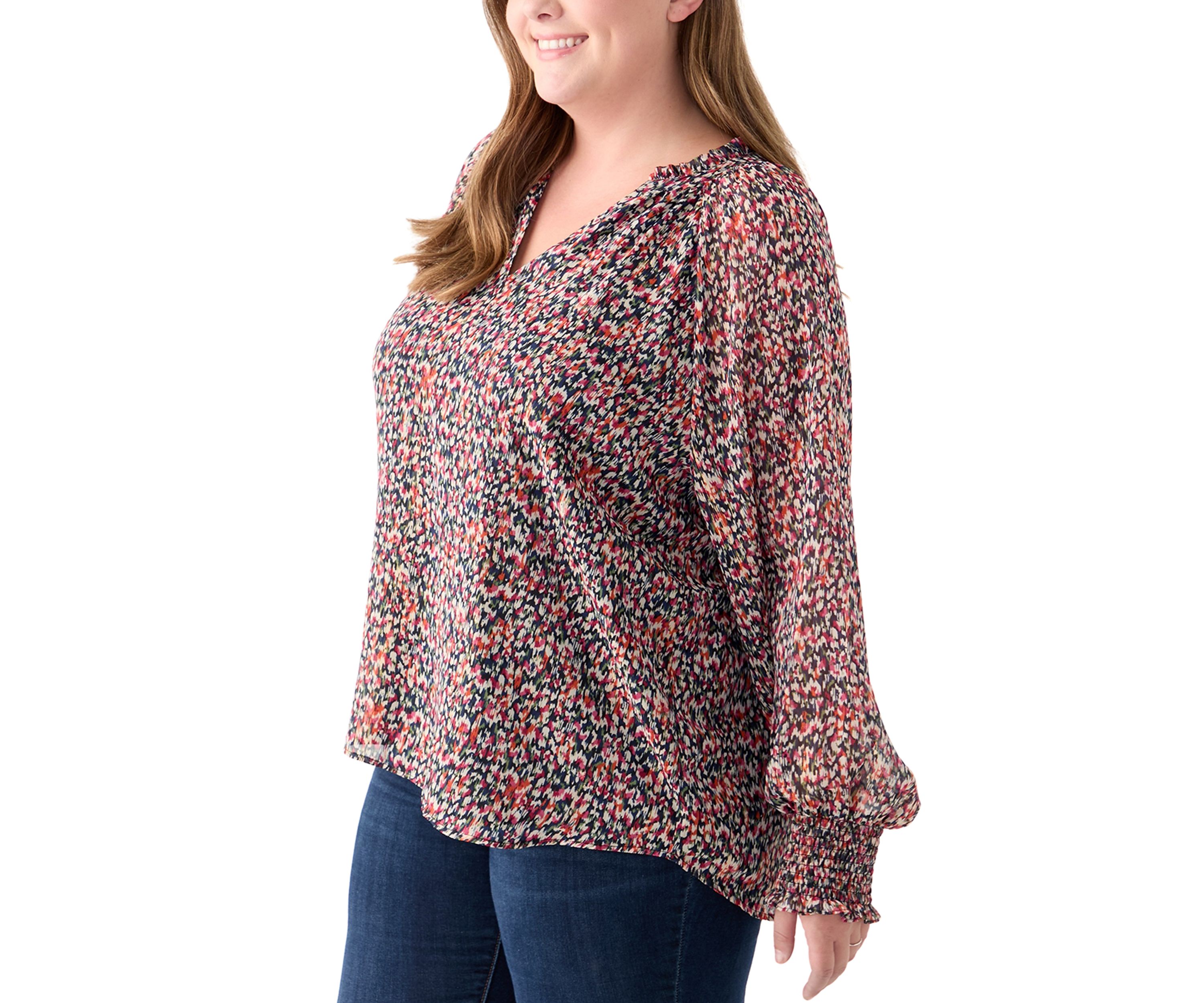 Plus Size Long Sleeve Scoop Neck Metallic Printed Blouse 
