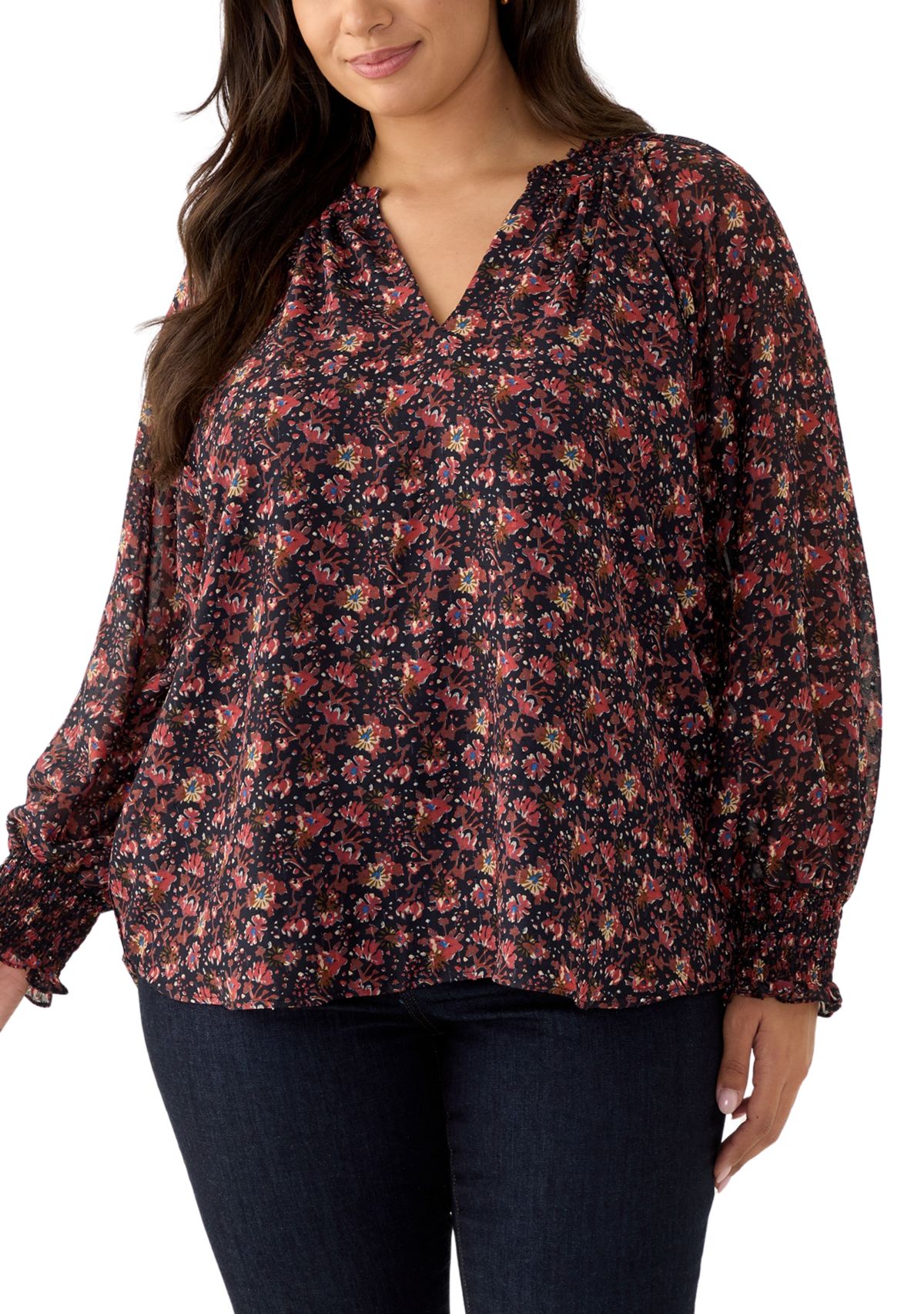 Plus Size Long Sleeve Split Neck Metallic Printed Blouse