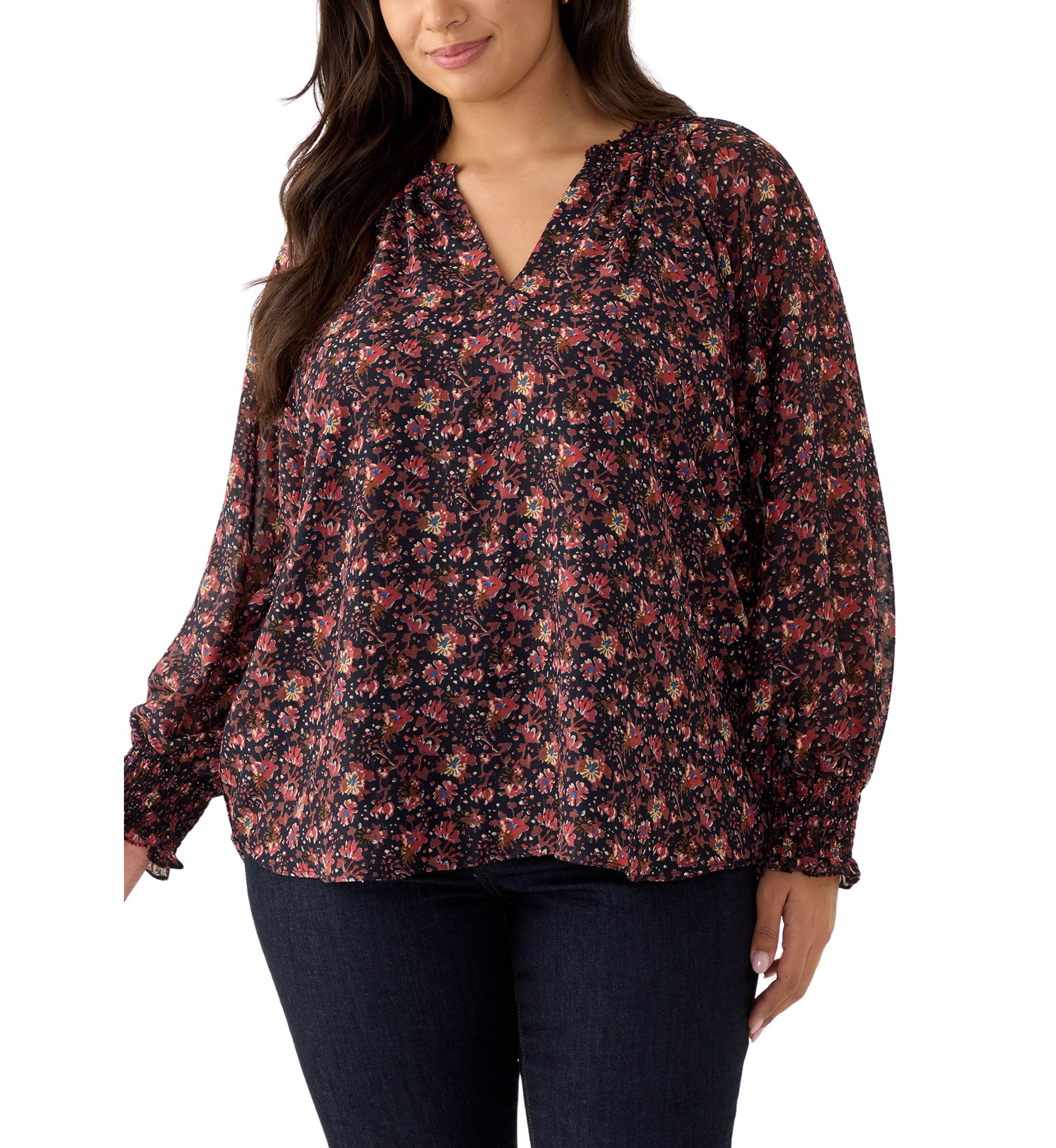 Plus Size Long Sleeve Split Neck Metallic Printed Blouse