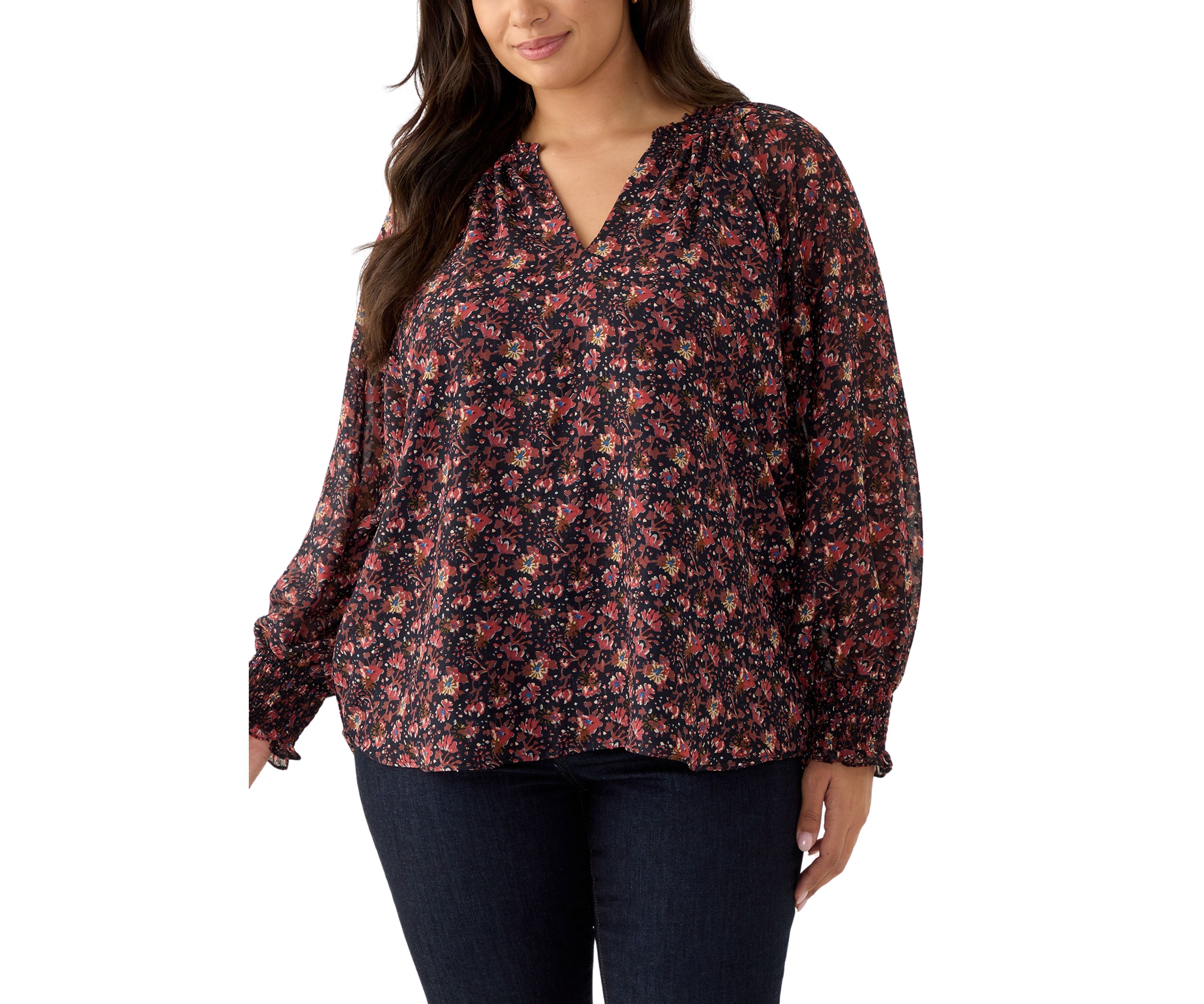 Plus Size Long Sleeve Split Neck Metallic Printed Blouse